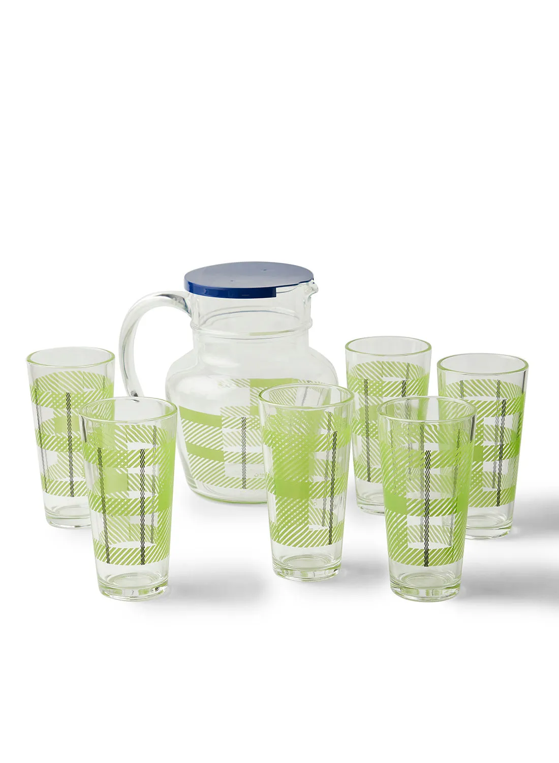 noon east 7 Piece Glass Drink Set Beverage Glasses For Juices - By Noon East - Jug 1.4 L, Tumblers 27 Cl - Serves 6 - Celticgreen