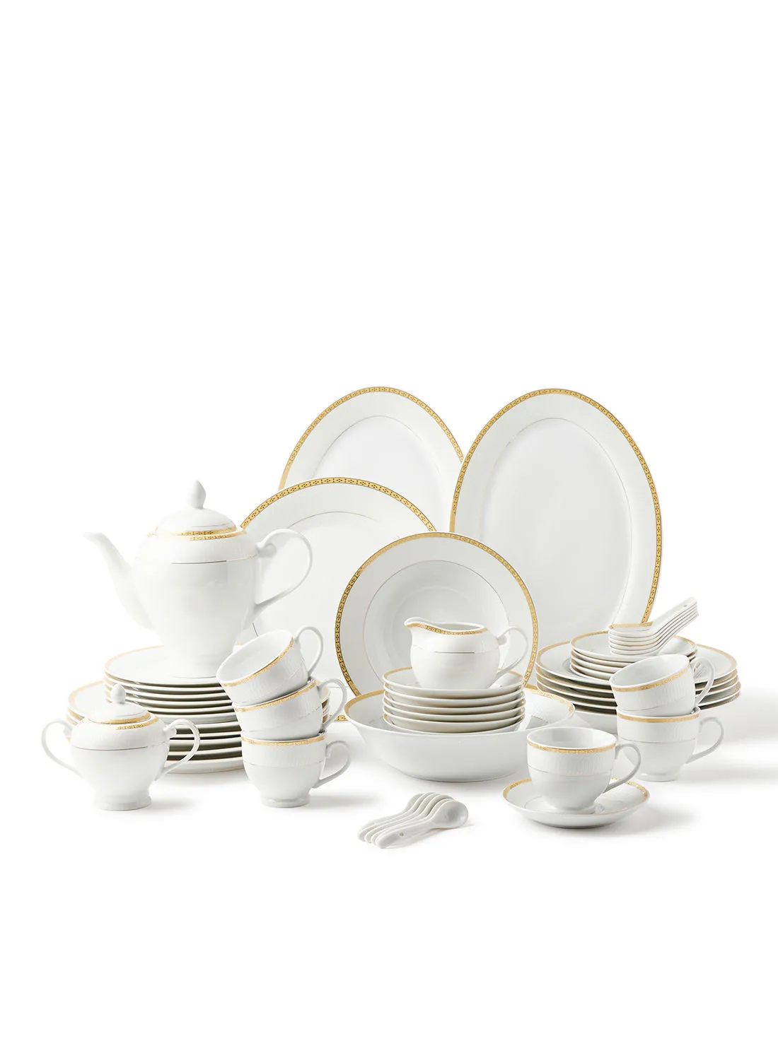 noon east 56 Piece Porcelain Dinner Set - Dishes, Plates - Dinner Plate, Side Plate, Bowl, Cups, Serving Dish And Bowl - Serves 6 - Festive Design White/Gold Elegance