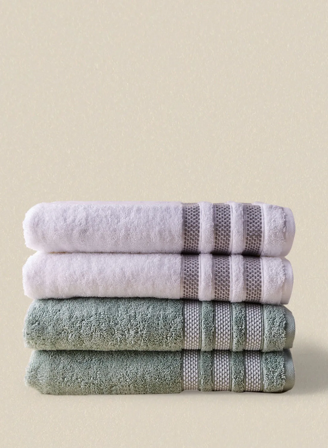 noon east 4 Piece Bathroom Towel Set - 500 GSM 100% Cotton Low Twist - 4 Bath Towel - Multicolor White/Aqua Color - Highly Absorbent - Fast Dry