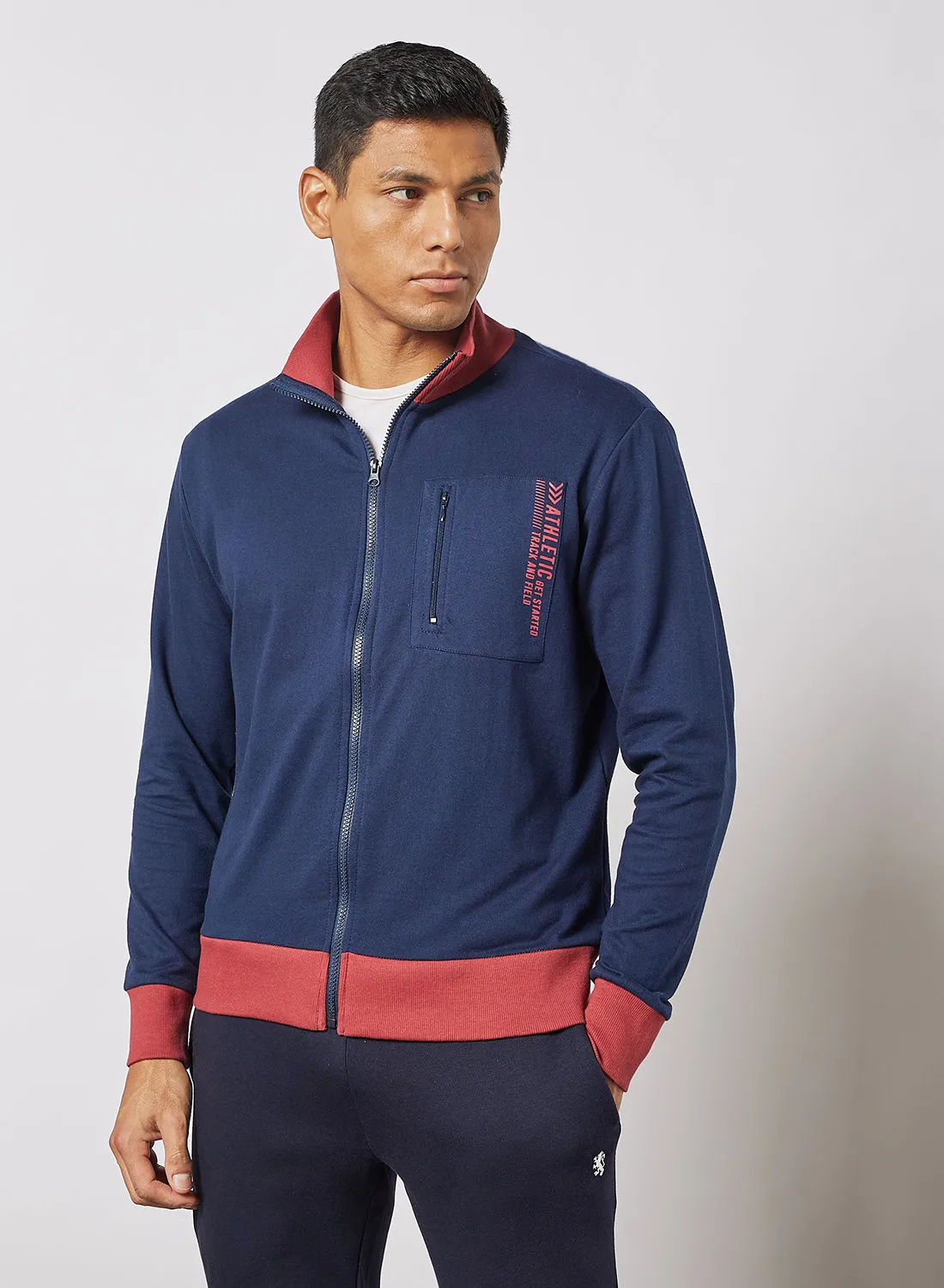 Noon East Men's Long Sleeve High Neck Jacket With Zipper and Contrast Rib Details Navy