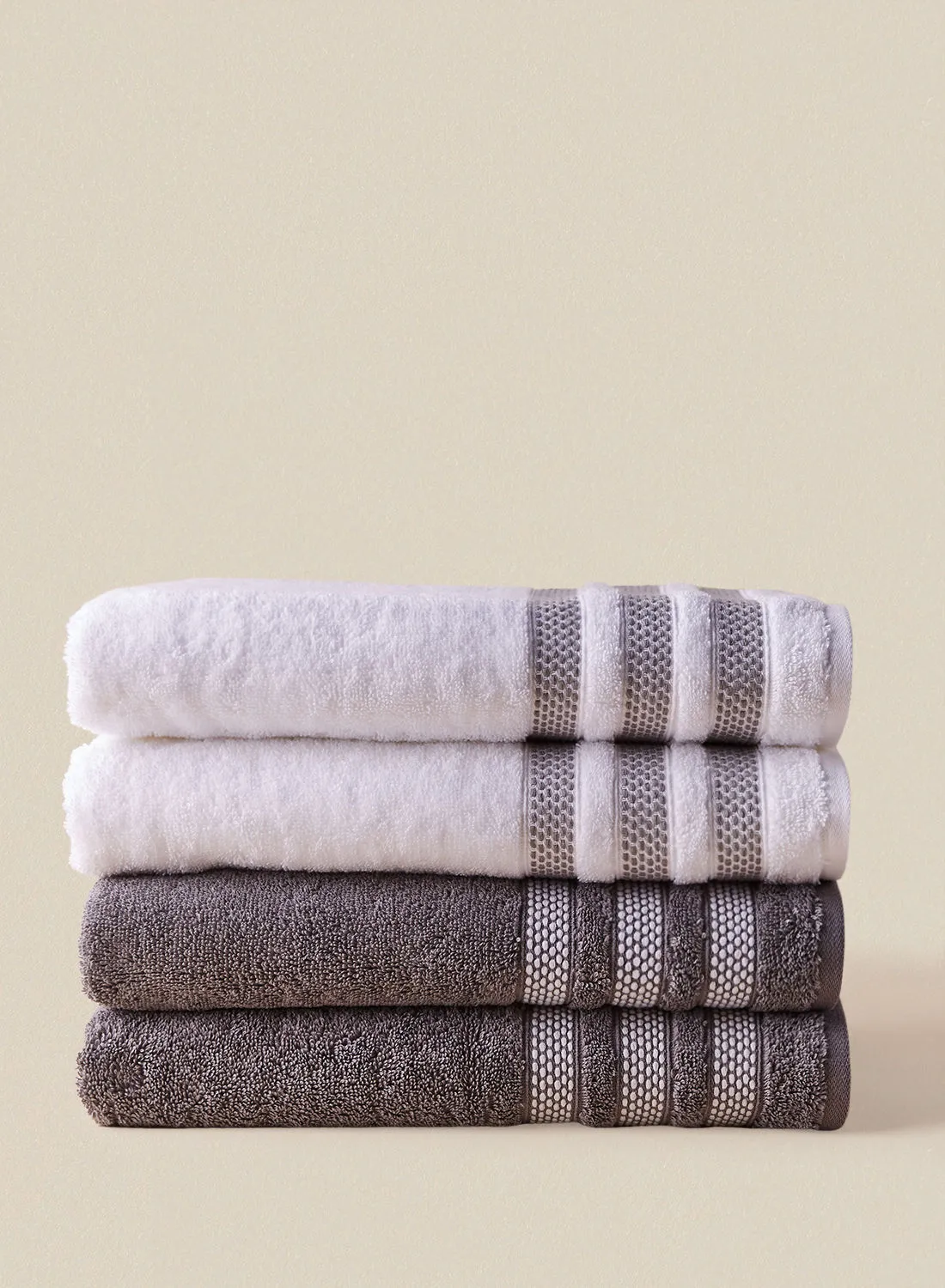 noon east 4 Piece Bathroom Towel Set - 500 GSM 100% Cotton Low Twist - 4 Bath Towel - Multicolor White/Grey Color - Highly Absorbent - Fast Dry
