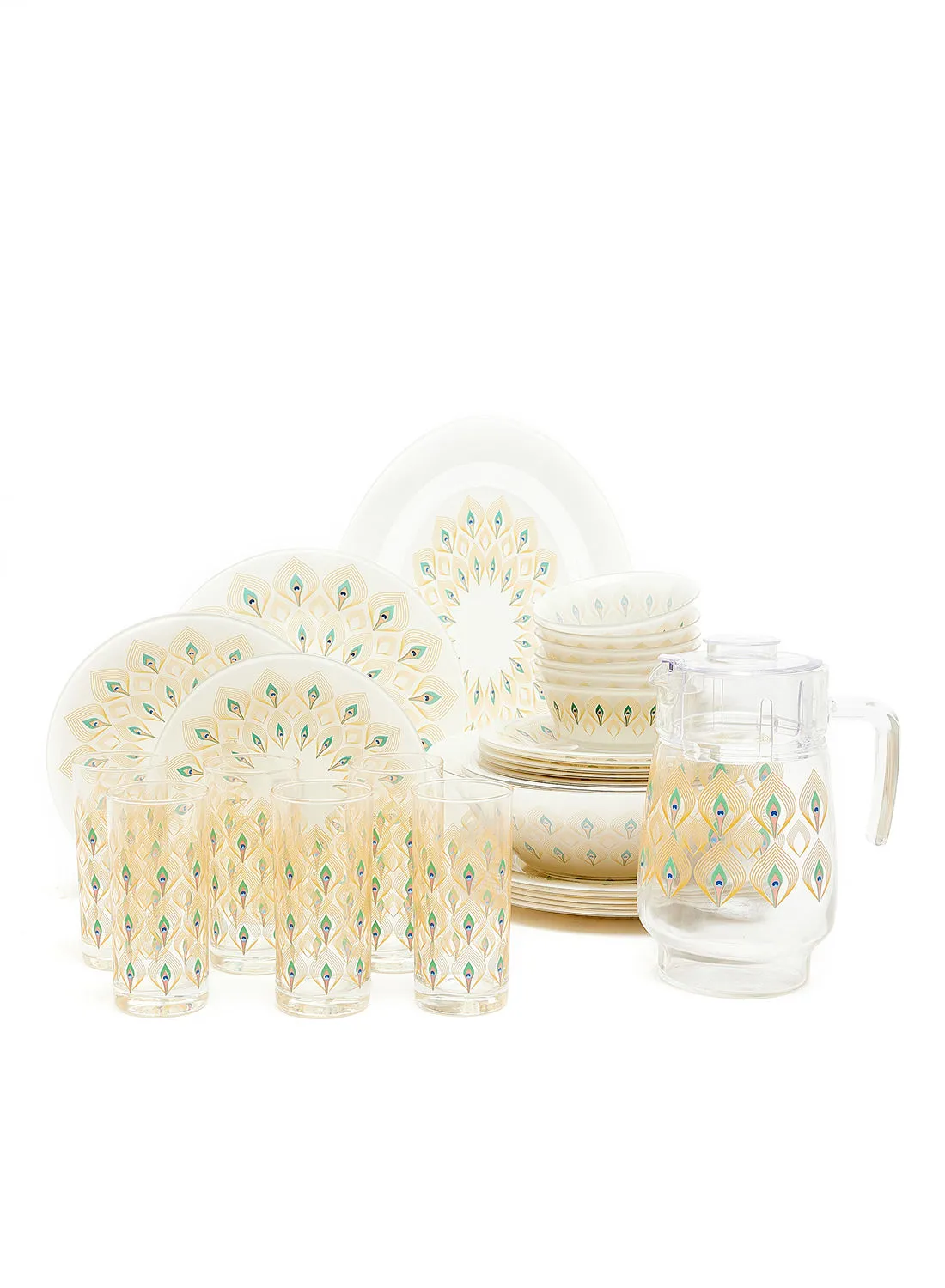 noon east 34 Piece Glass Dinner Set For Everyday Use - Light Weight Dishes, Plates - Dinner Plate, Side Plate, Bowl - Serves 6 - Printed Design Niran
