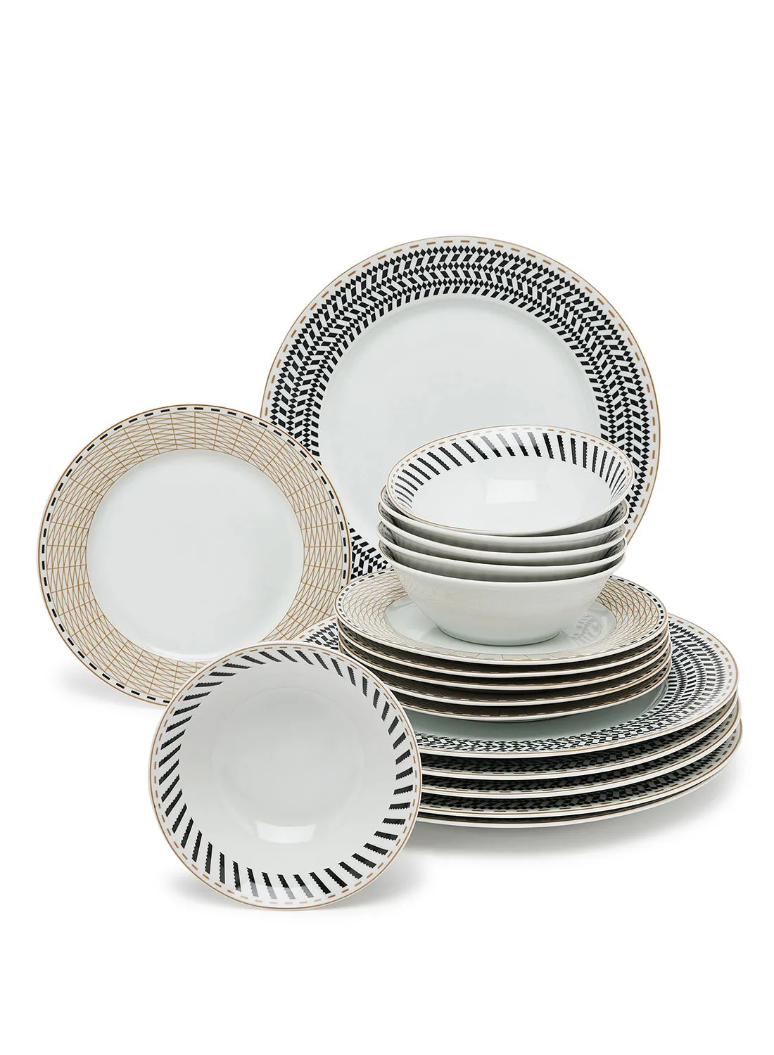 noon east 18 Piece Porcelain Dinner Set - Dishes, Plates - Dinner Plate, Side Plate, Bowl - Serves 6 - Printed Design Geometra
