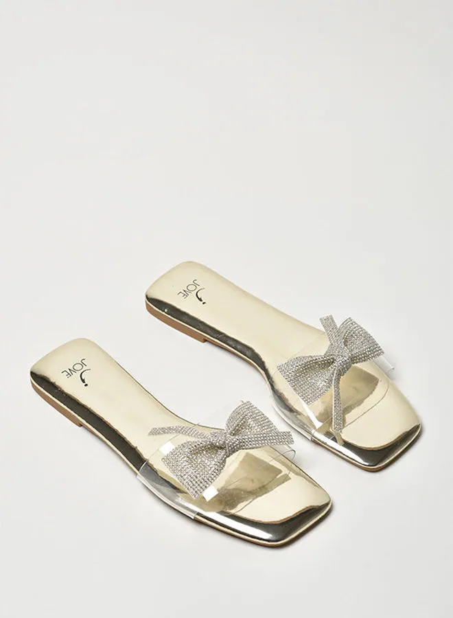 Jove Stone Embellished Broad Strap Square Toe Flat Sandals Gold/Clear/Silver