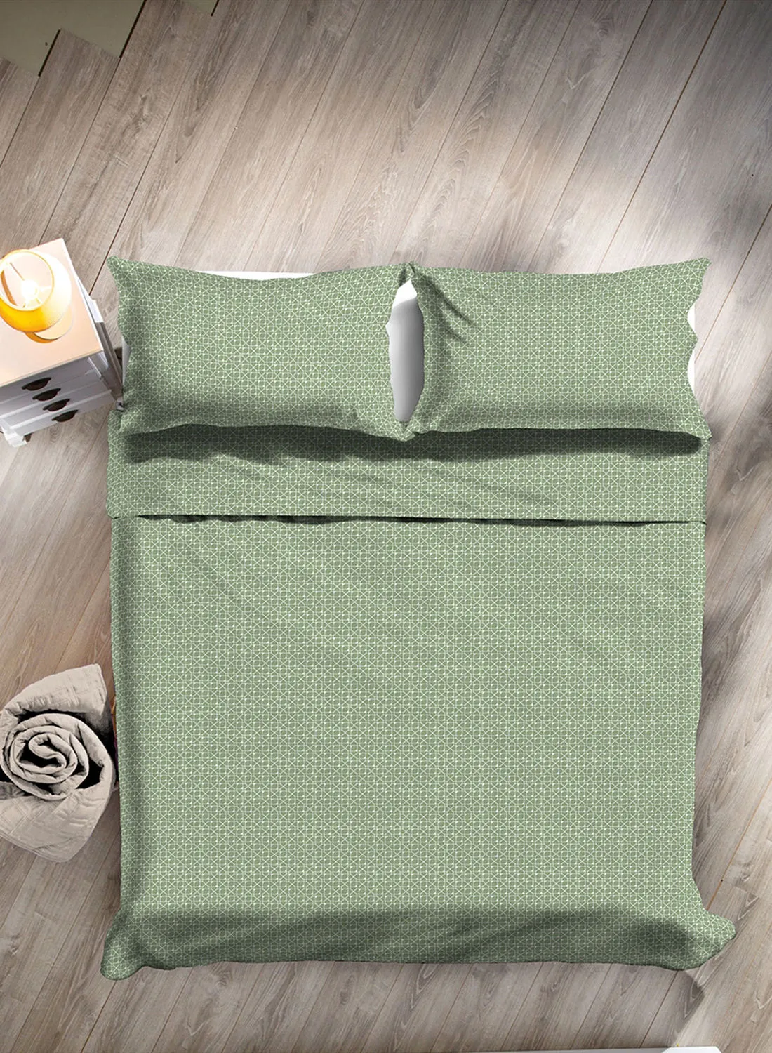 Amal Duvet Cover - With Pillow Cover 50X75 Cm, Comforter 160X200 Cm, - For Queen Size Mattress - Green 100% Cotton Percale -