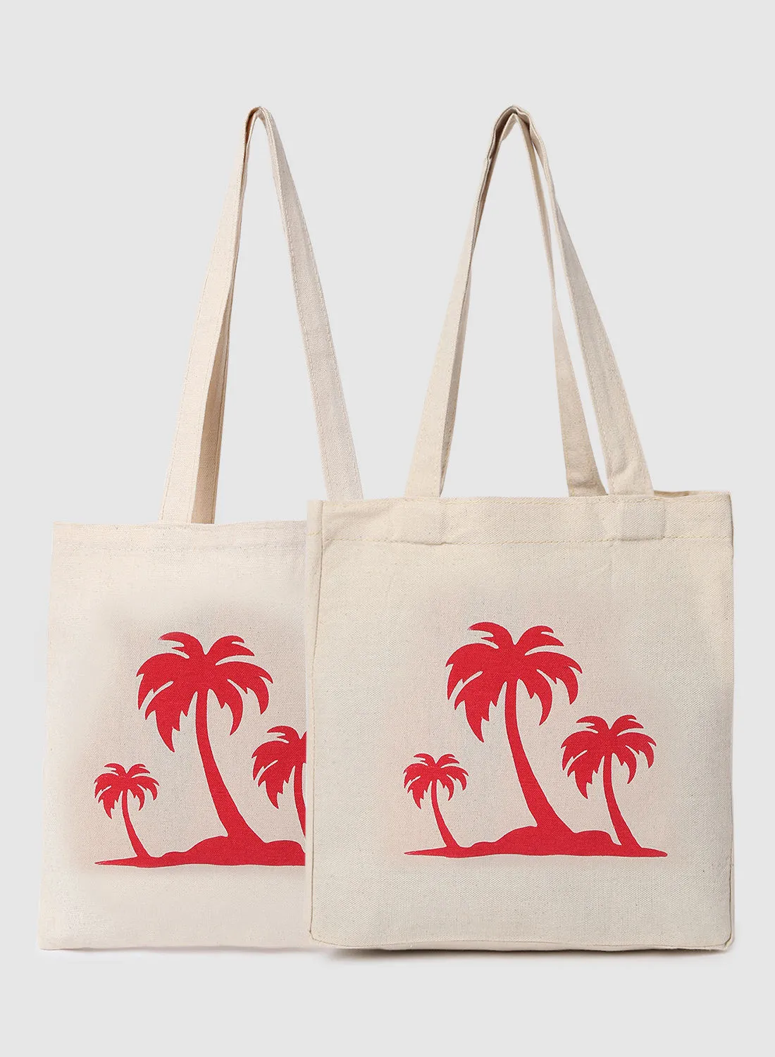 Amal Pack Of 2 Palm Tree Print Canvas Shopping And Grocery Bags Color Shade May Vary Red