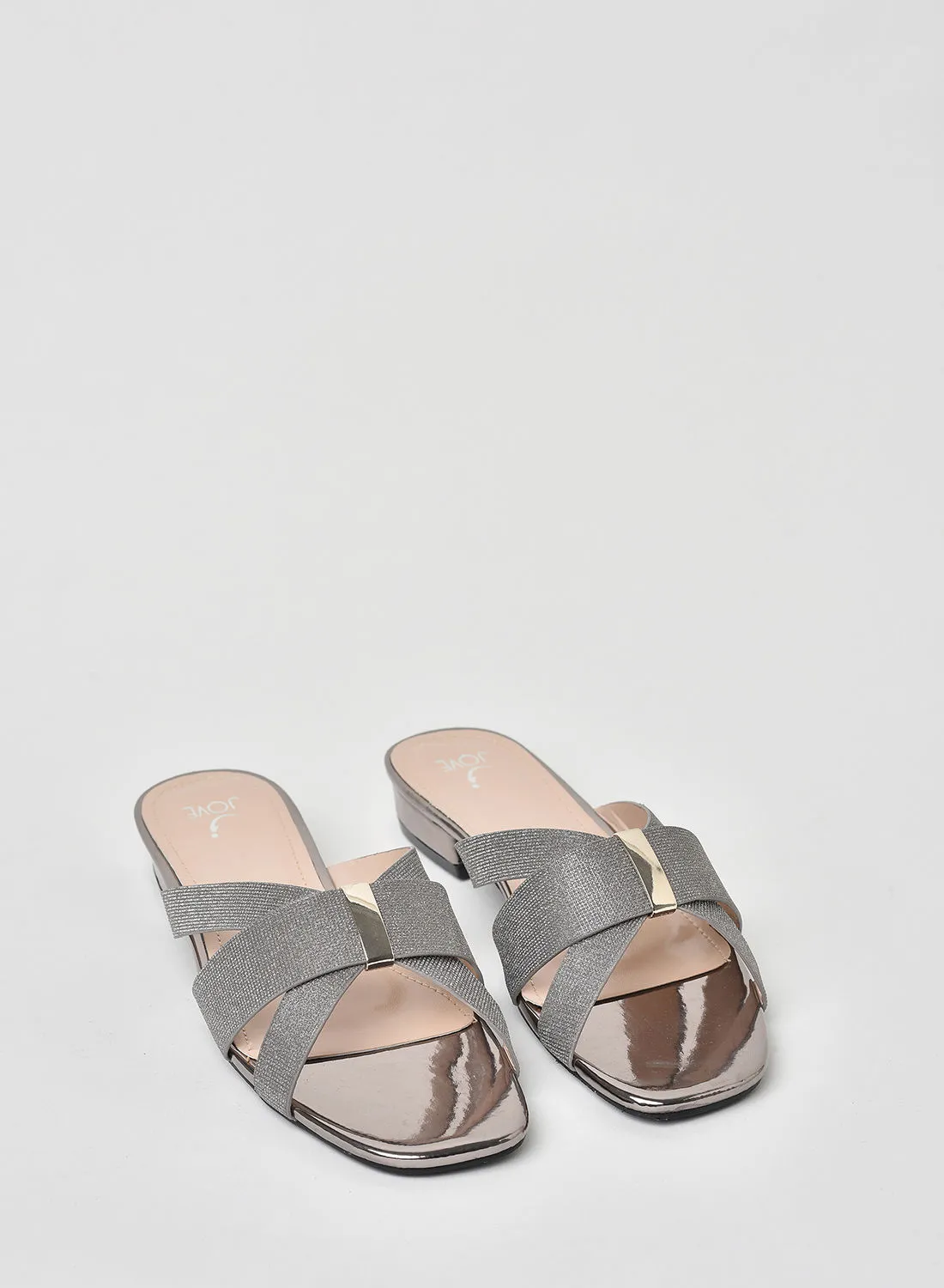 Jove Strap Detail Square Toe Slip-On Flat Sandals Silver
