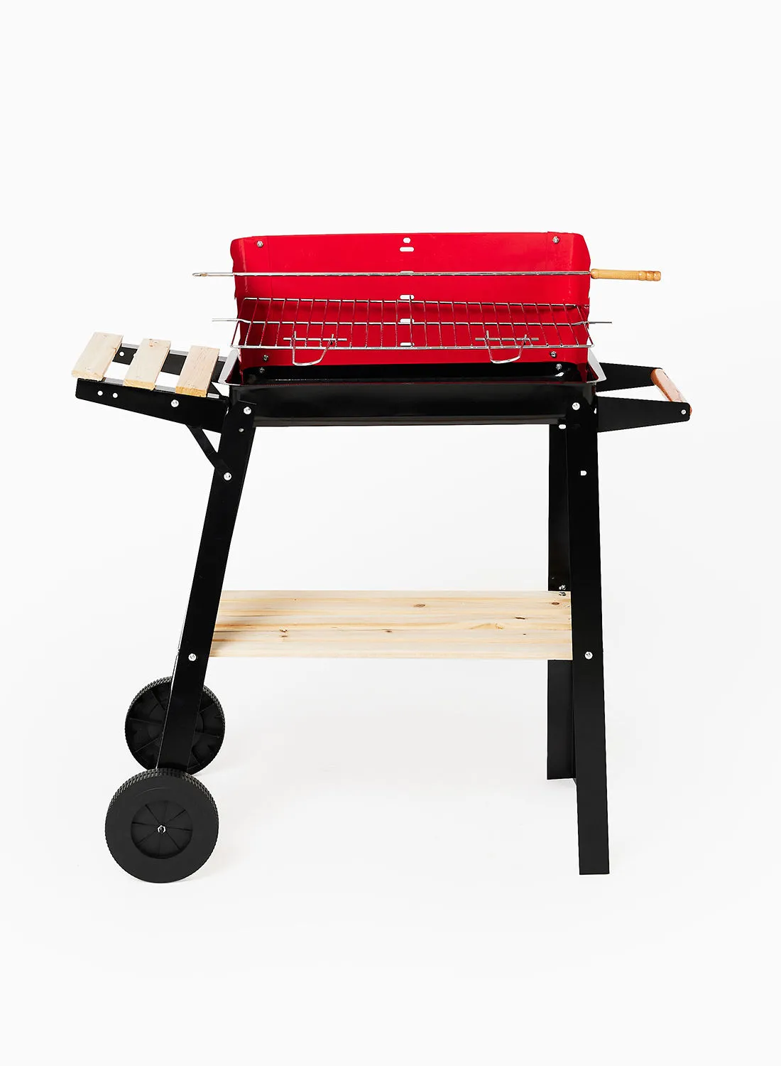 Noon East Charcoal Barbeque Grill With Stand, Side Shelves And Wheels For Outdoor Cooking And BBQ Red-Black/Sqaure