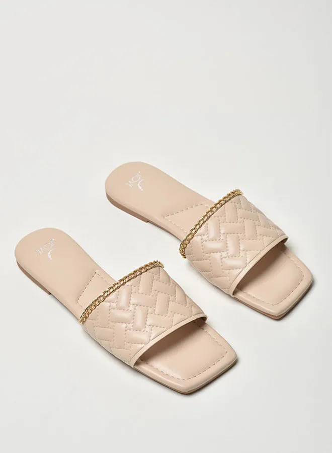 Jove Quilted Pattern Broad Strap Flat Sandals Beige