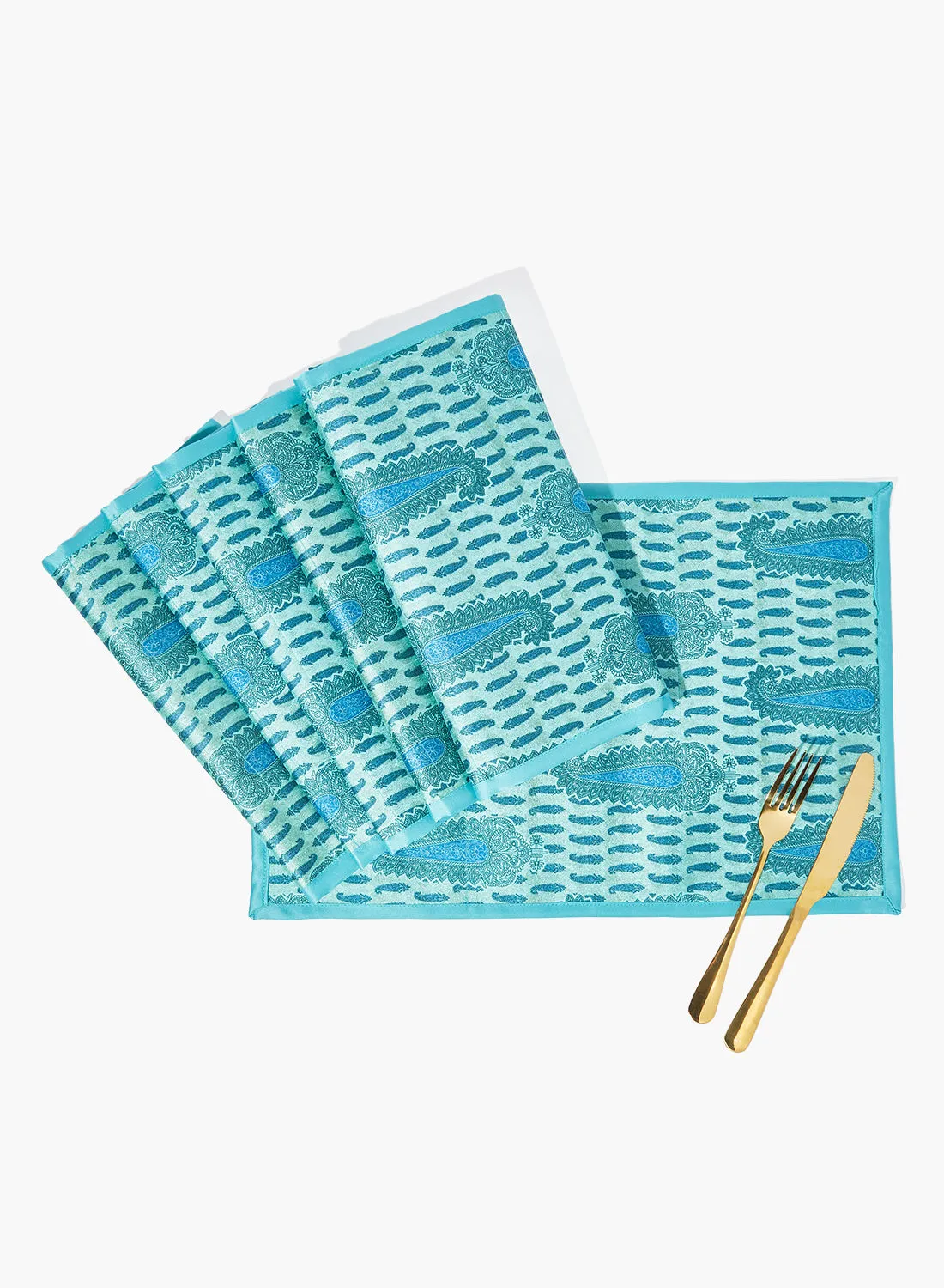 Amal 6 Piece Placemat Set For Dining Table - Washable Dish Pad - Table Mat - Table Linen - Teal Blue