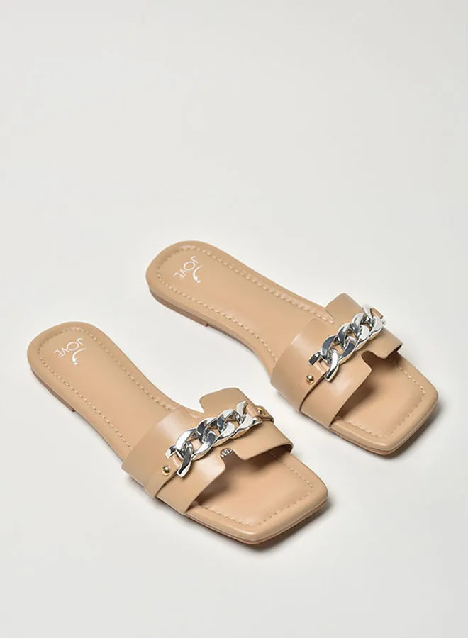 Jove Chain Embellished Broad Strap Flat Sandals Beige/Silver
