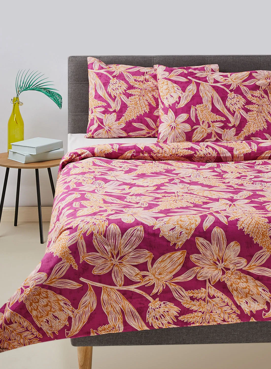 Noon East Duvet Cover Set - With 1 Duvet Cover 200X200 Cm And 2 Pillow Cover 50X75 Cm - 100% Cotton Delray Percale Print Fuschia - 180 Thread Count Pink/Mustard Yellow Queen