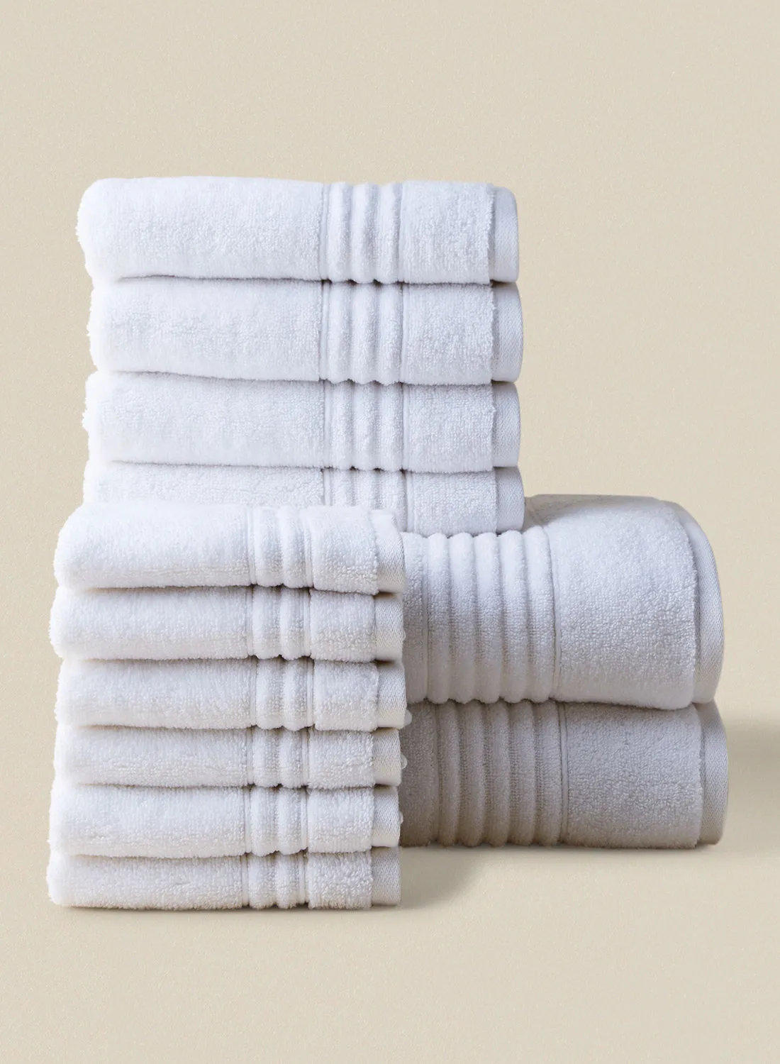 noon east 12 Piece Bathroom Towel Set - 500 GSM 100% Cotton - 4 Hand Towel - 6 Face Towel - 2 Bath Towel - White Color - Highly Absorbent - Fast Dry