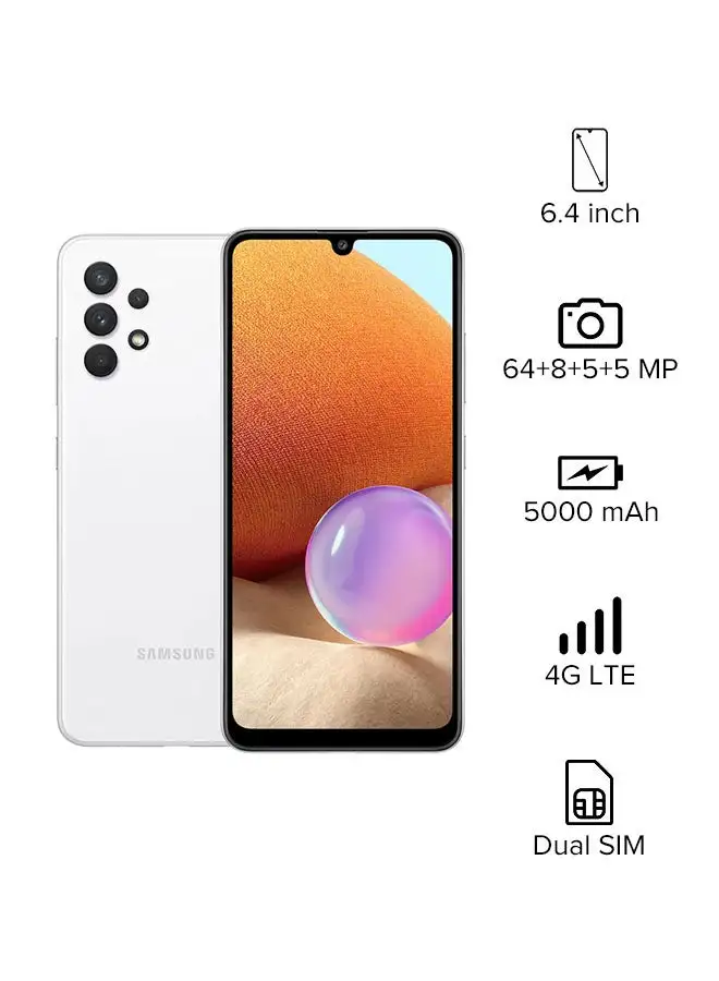 هاتف Samsung Galaxy A32 ثنائي الشريحة - أبيض رائع - 6 جيجا رام - 128 جيجا - 4G LTE - إصدار الشرق الأوسط