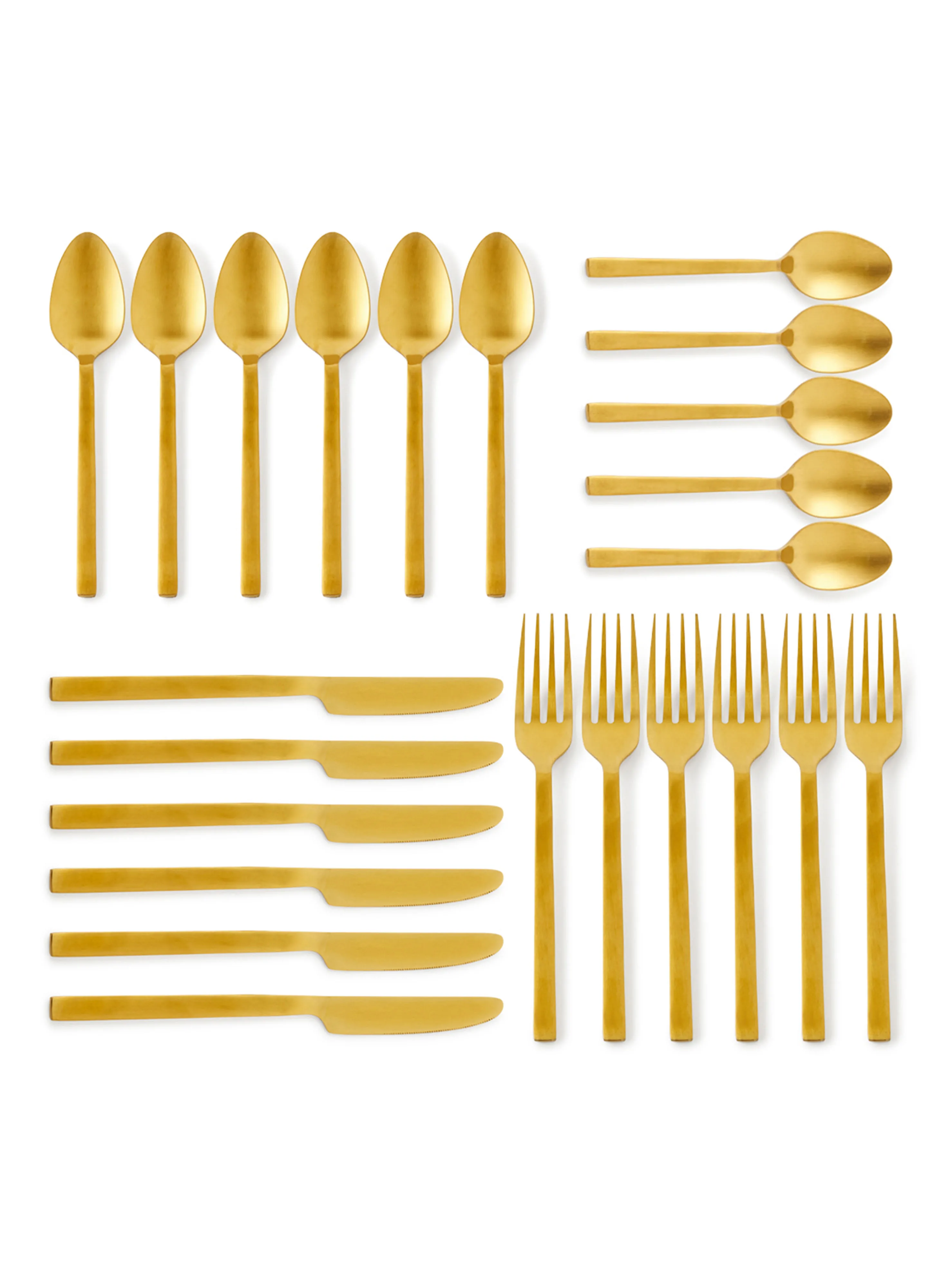 noon east 24 Piece Cutlery Set - Made Of Stainless Steel - Silverware Flatware - Spoons And Forks Set, Spoon Set - Table Spoons, Tea Spoons, Forks, Knives - Serves 6 - Design Gold Lyra