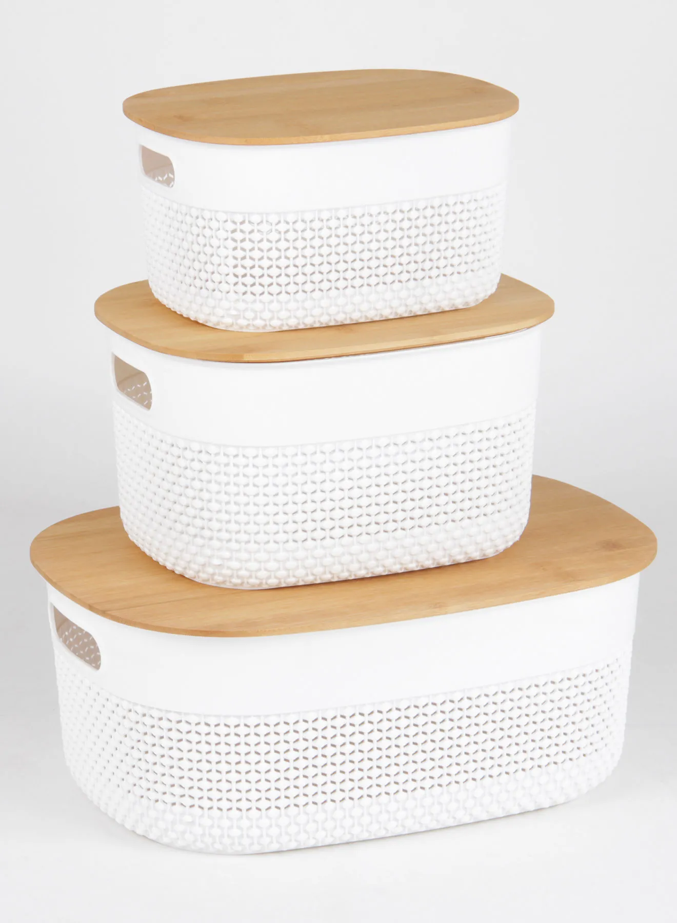 Amal 3-Piece Stereo Oval Basket Set With Bamboo Lid Convenient to use Daily Simple Storage Hygienic and Organized TG51954MS3 Nature/White 39.7X29.7X18.3cm