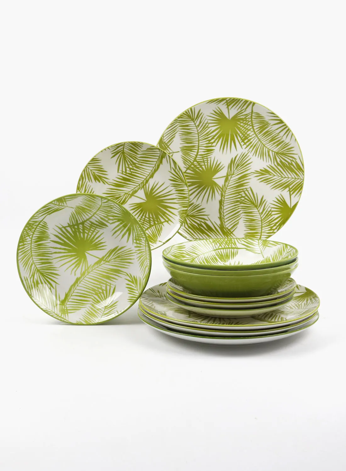 noon east 12 Piece Porcelain Dinner Set - Dishes, Plates - Dinner Plate, Side Plate, Soup Plate - Serves 4 - Printed Design Green Palms