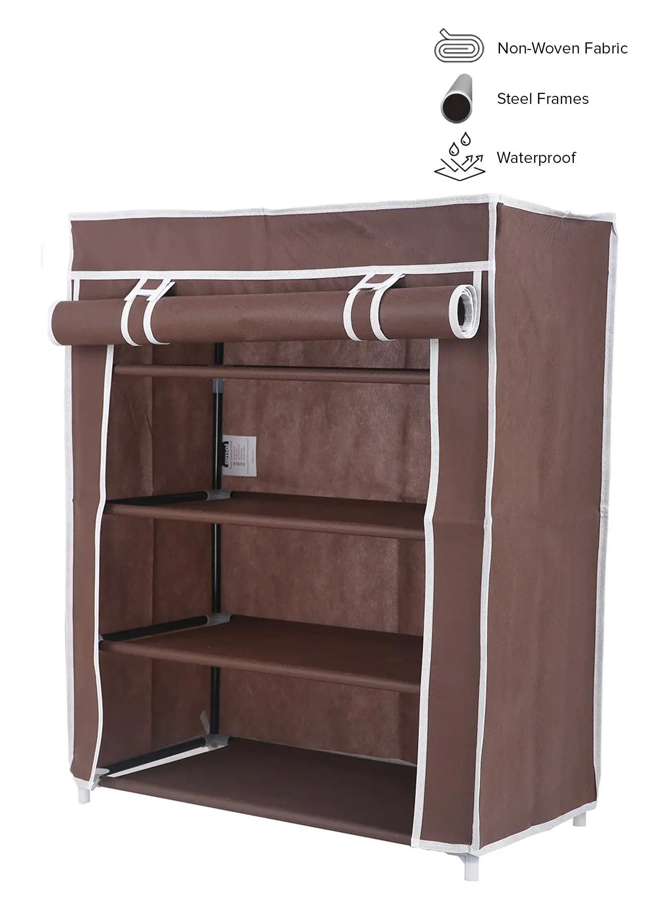 Amal Freestanding Multipurpose Fabric Wardrobe Organiser With 4-Tier Storage Rack Brown/White Stripe 74 x 58 x 30cm