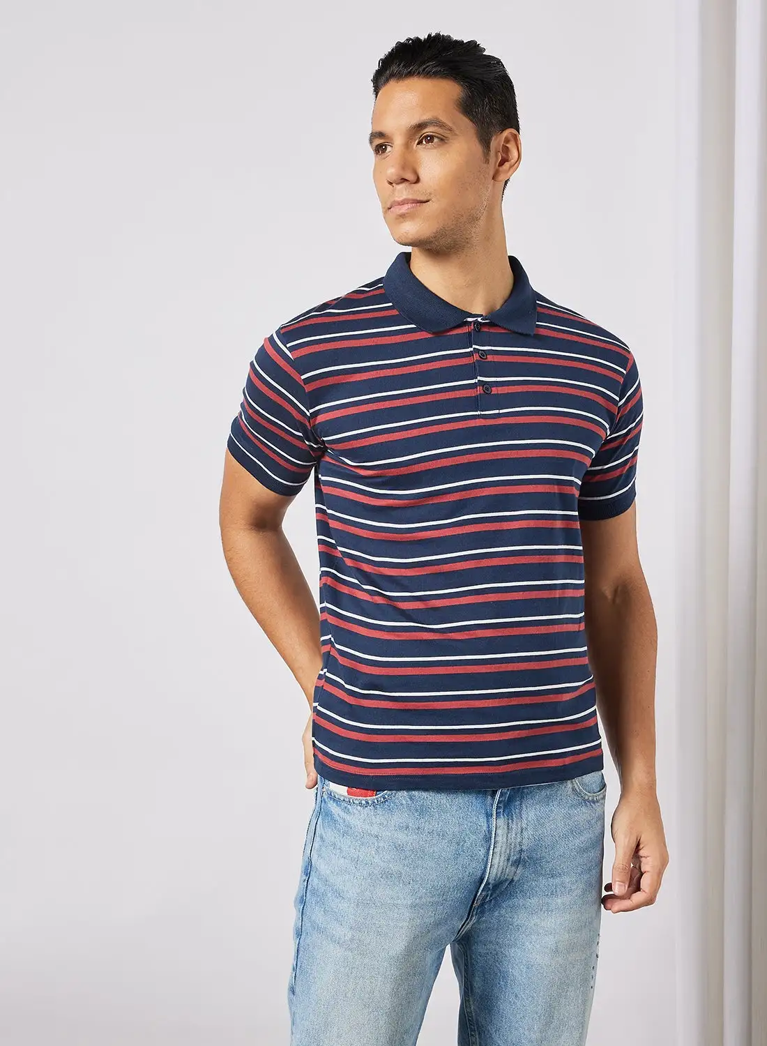 Noon East Men's Basic Casual Polo Printed Cotton T-Shirt in Regular Fit Half Sleeves Navy