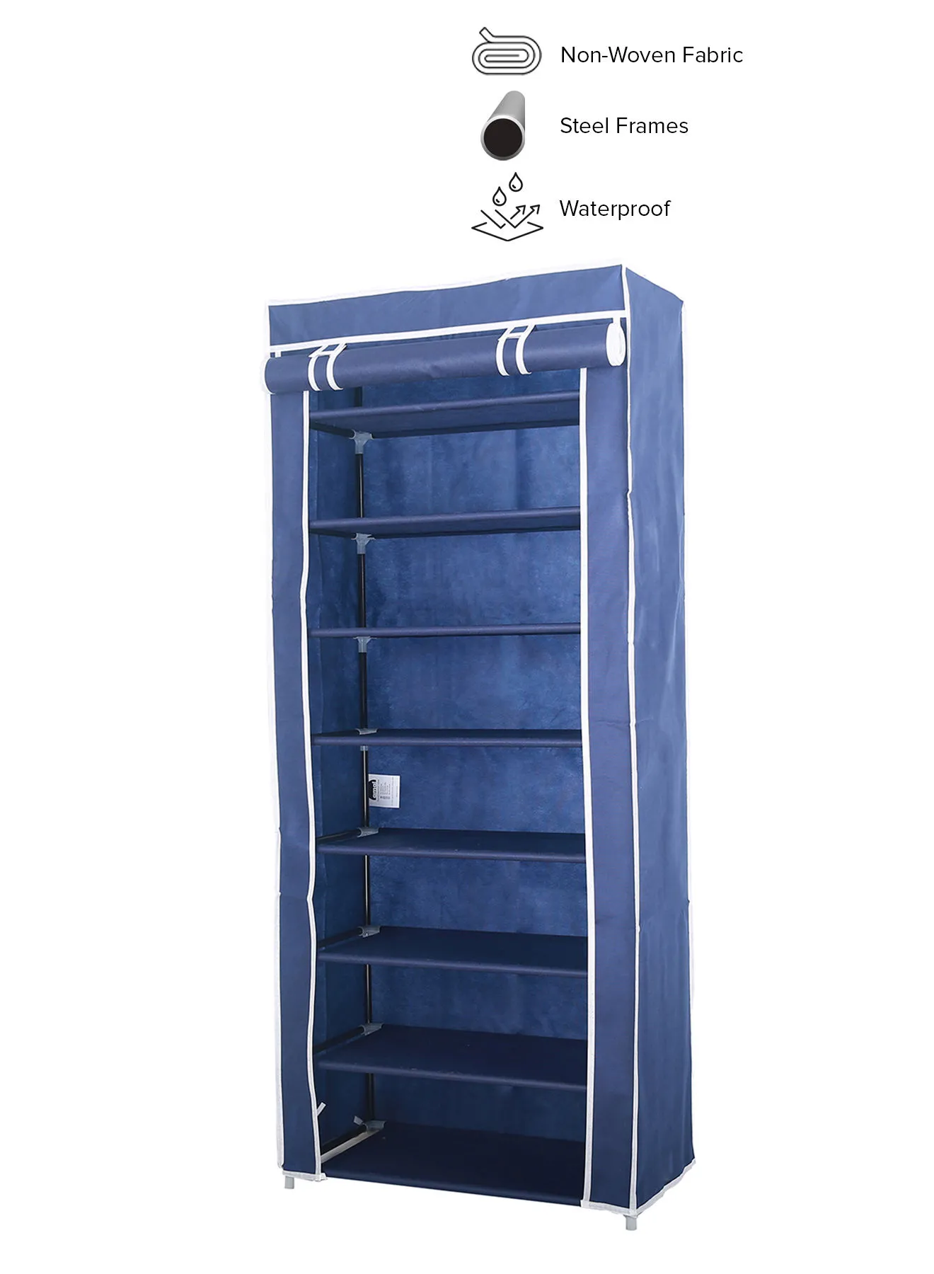 Amal Freestanding Multipurpose Fabric Wardrobe Organiser With 8-Tier Storage Rack Navy Blue/White Stripe 142 x 60 x 30cm