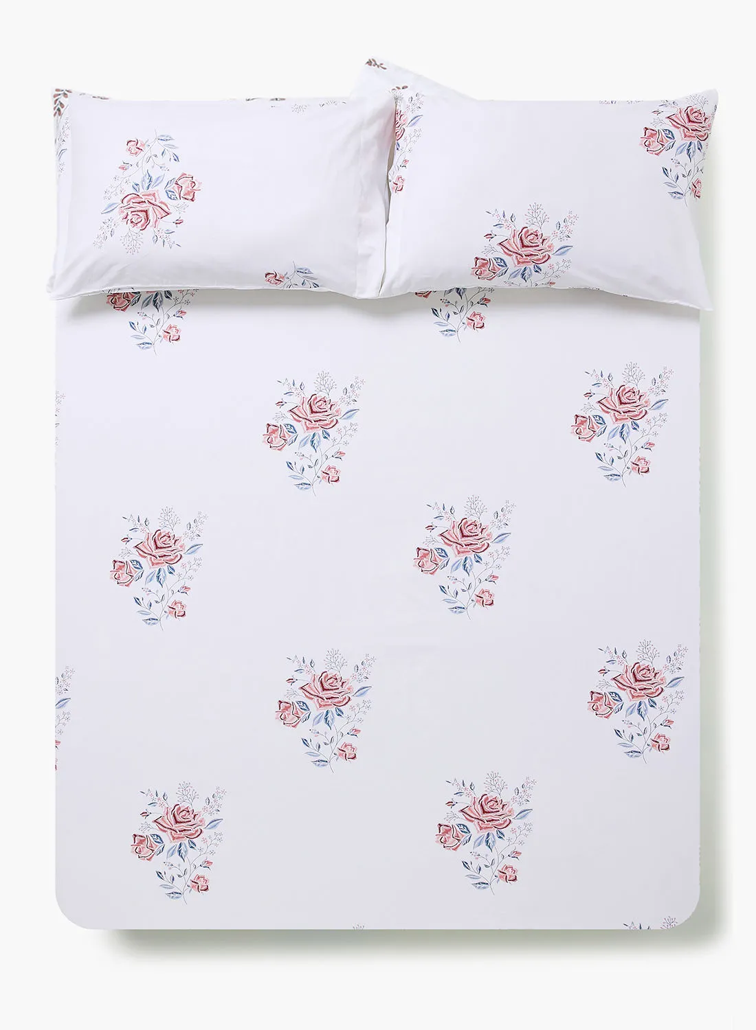 Amal Fitted Bedsheet Set Twin Size High Quality 100% Cotton Percale 144 TC Light Weight Everyday Use 1 Bed Sheet And 2 Pillow Cases Printed White/Rose