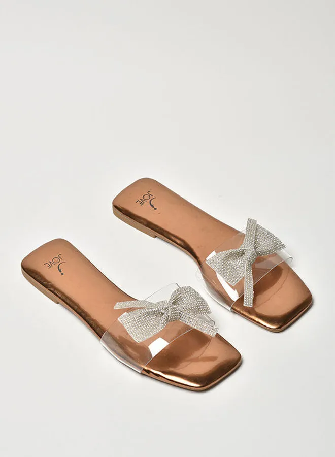 Jove Stone Embellished Broad Strap Square Toe Flat Sandals Brown/Clear/Silver