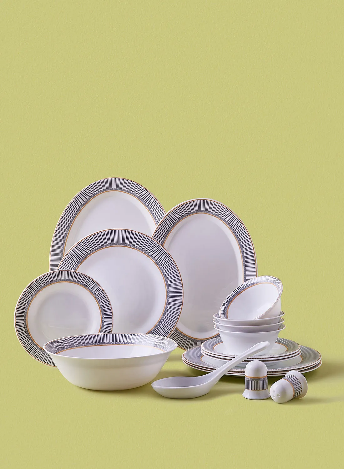 noon east 18 Piece Opalware Dinner Set - Light Weight Dishes, Plates - Dinner Plate, Side Plate, Bowl, Serving Dish And Bowl - Serves 4 - Festive Design Aurora Gold