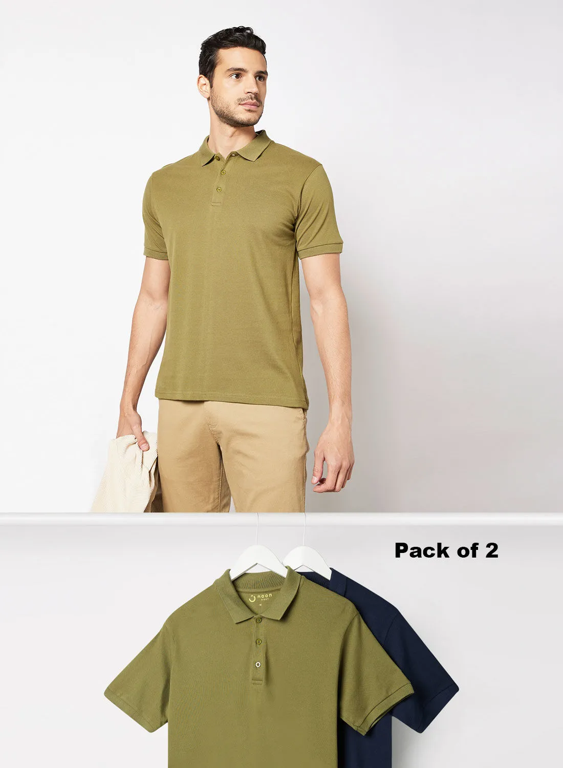 Noon East Pack Of 2 Men's Basic Casual Polo Neck Cotton Comfort Fit Half Sleeve T-Shirt Olive/Dark Navy