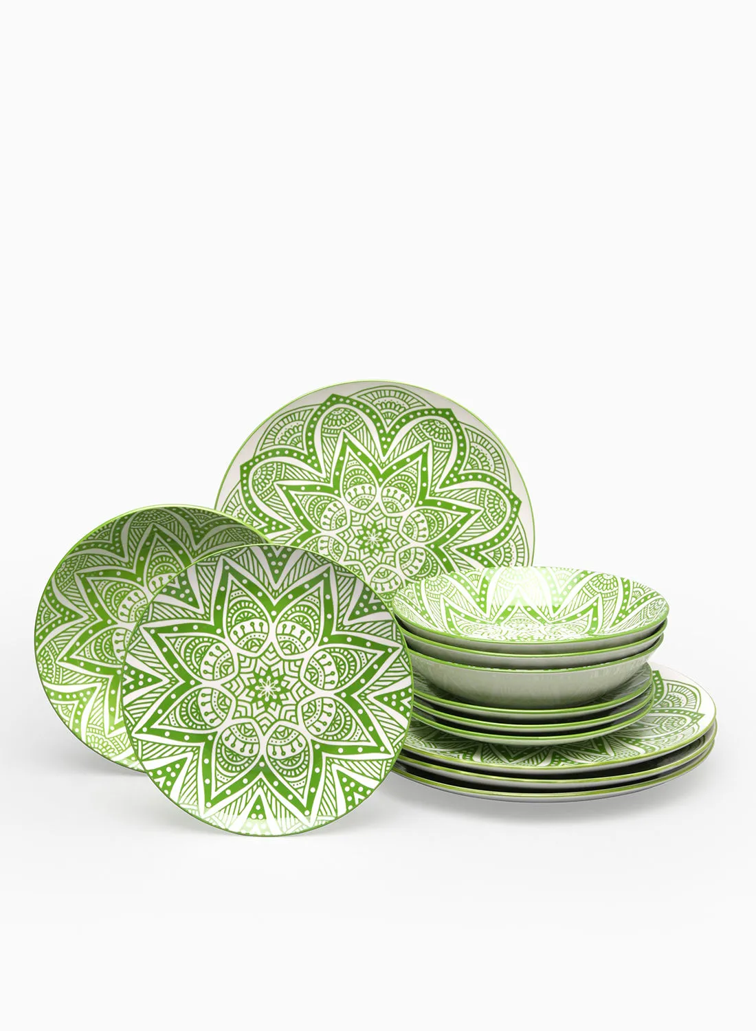 noon east 12 Piece Porcelain Dinner Set - Dishes, Plates - Dinner Plate, Side Plate, Soup Plate - Serves 4 - Printed Design Jade