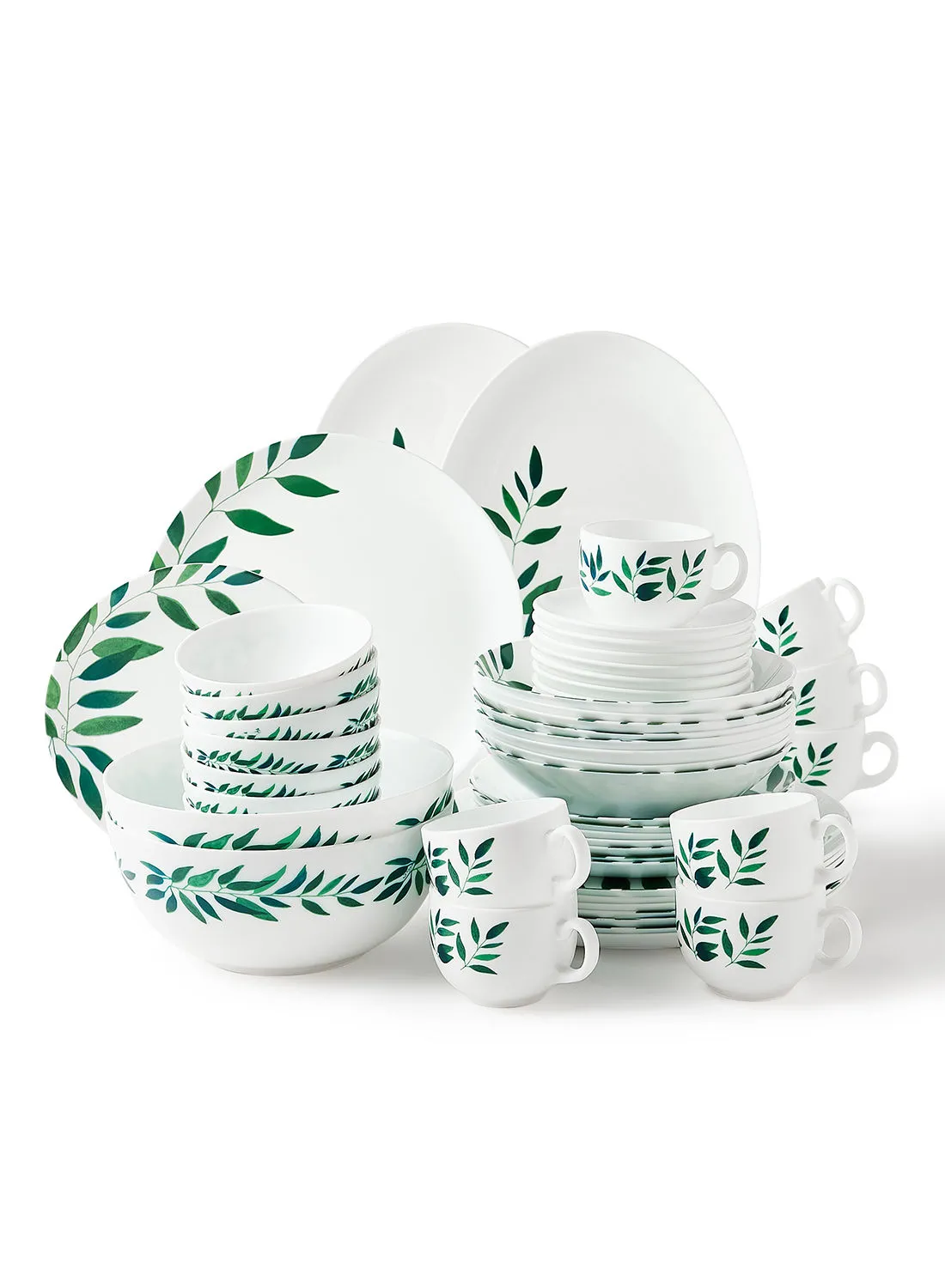 noon east 52 Piece Opalware Dinner Set For Everyday Use - Light Weight Dishes, Plates - Dinner Plate, Side Plate, Bowl, Cups, Serving Dish And Bowl - Serves 8 - Printed Design Haneen