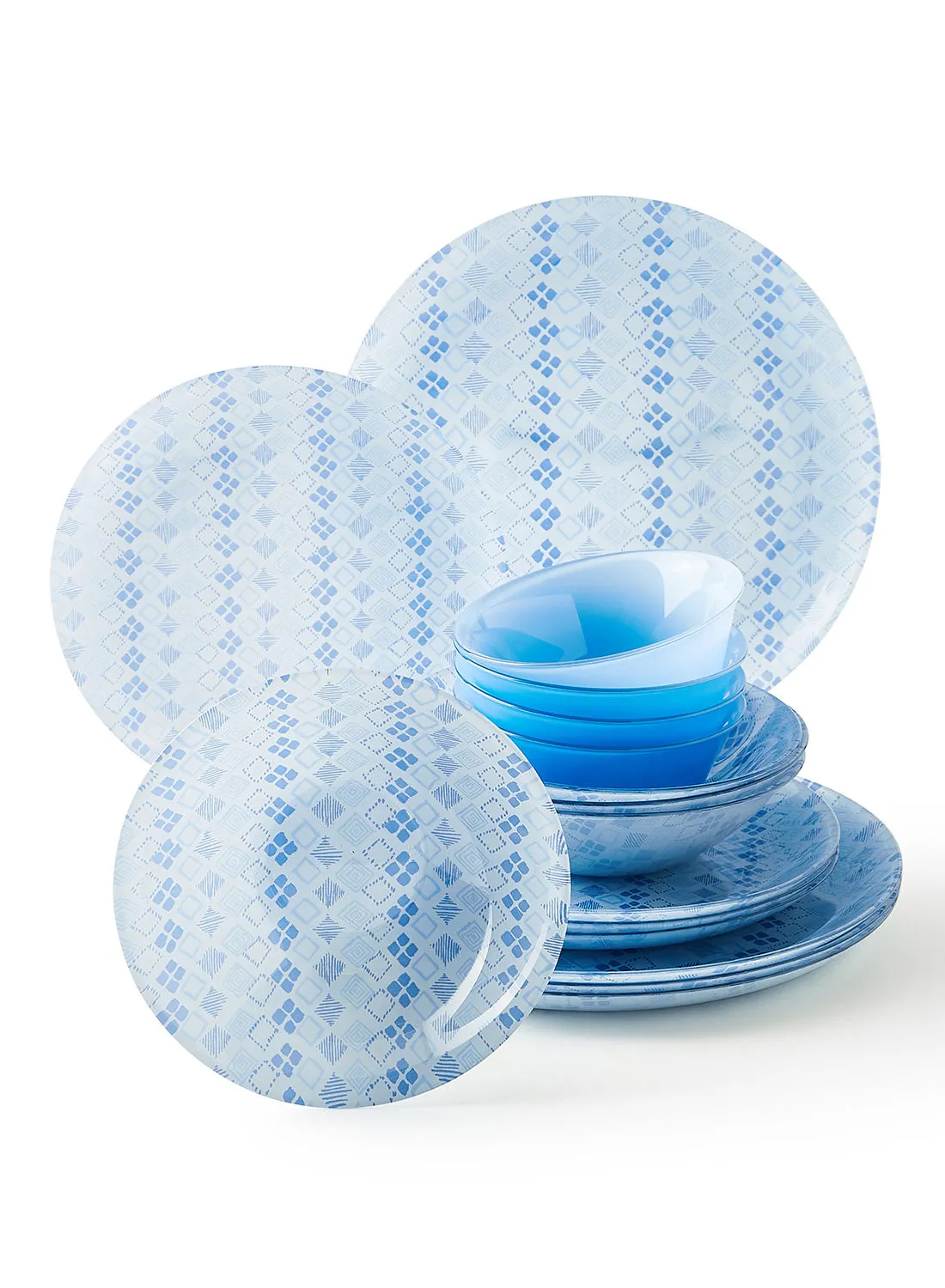 noon east 16 Piece Glass Dinner Set For Everyday Use - Light Weight Dishes, Plates - Dinner Plate, Side Plate, Bowl - Serves 4 - Printed Design Hamsini
