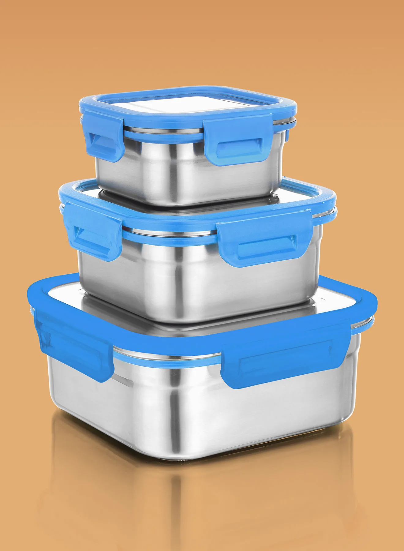 Ravenn 3-Piece Square Penta Lock Container Set With Steel Lid Blue
