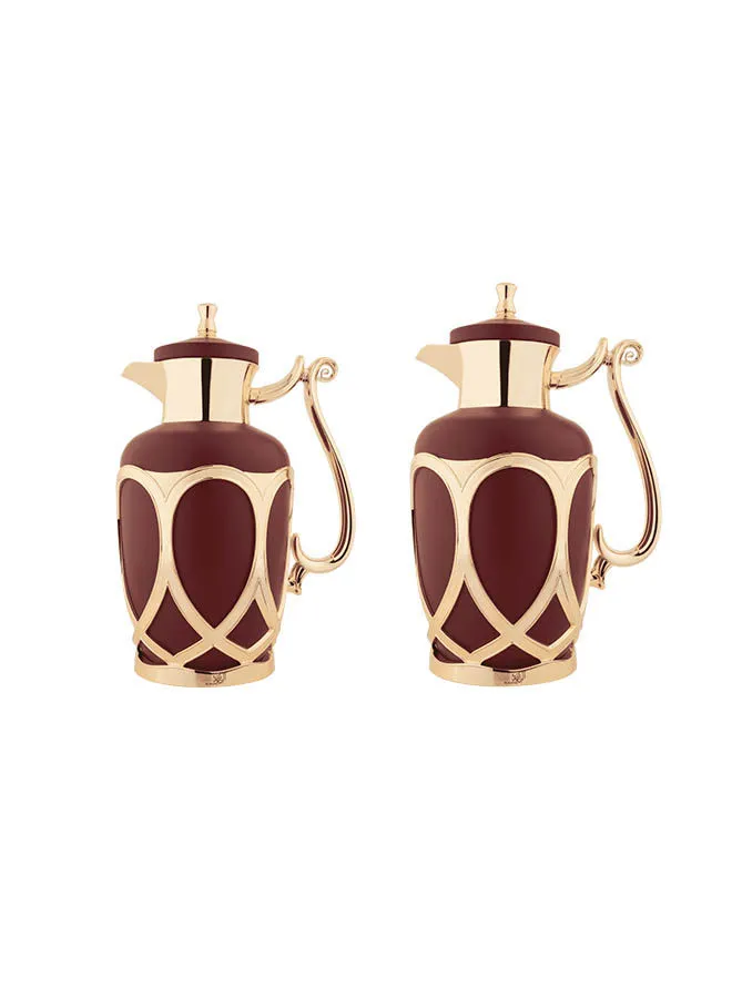Alsaif Metal Body 2 Pieces Coffee & Tea Vacuum Flask Set Size: 0.7/1.0 Liter Matt Burgundy/Gold 0.7/1.0Liters