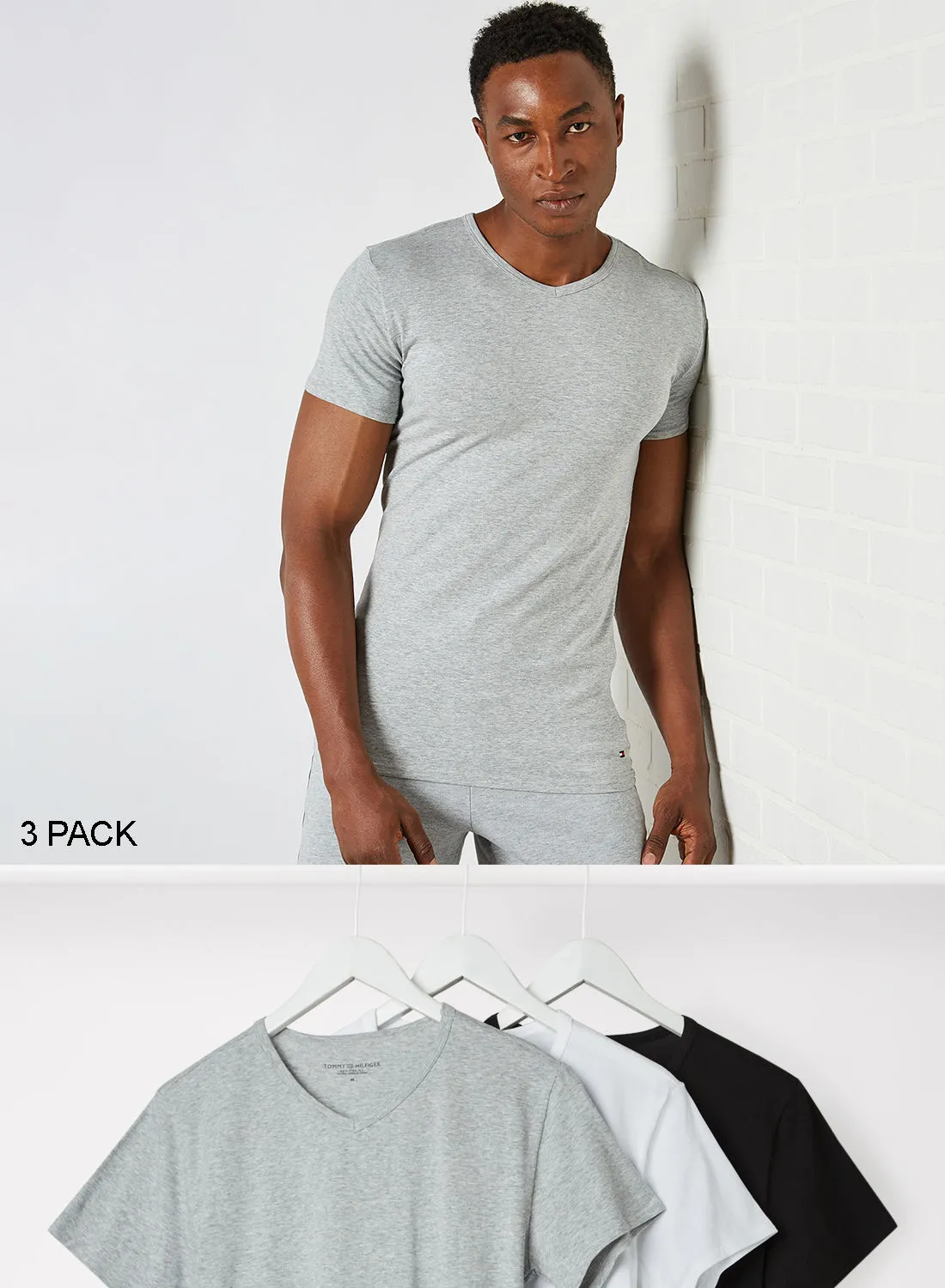 TOMMY HILFIGER V Neck Cotton T-Shirt (Pack of 3) Black/Grey Heather/White