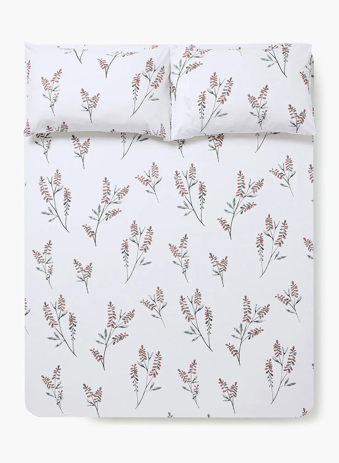Amal Fitted Bedsheet Set Single Size High Quality 100% Cotton Percale 144 TC Light Weight Everyday Use 1 Bed Sheet And 2 Pillow Cases Printed White/Leaves