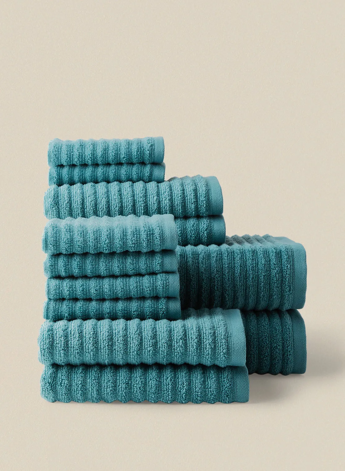 noon east 12 Piece Bathroom Towel Set - 450 GSM 100% Cotton Ribbed - 4 Hand Towel - 6 Face Towel - 2 Bath Towel - Blue Color - Highly Absorbent - Fast Dry