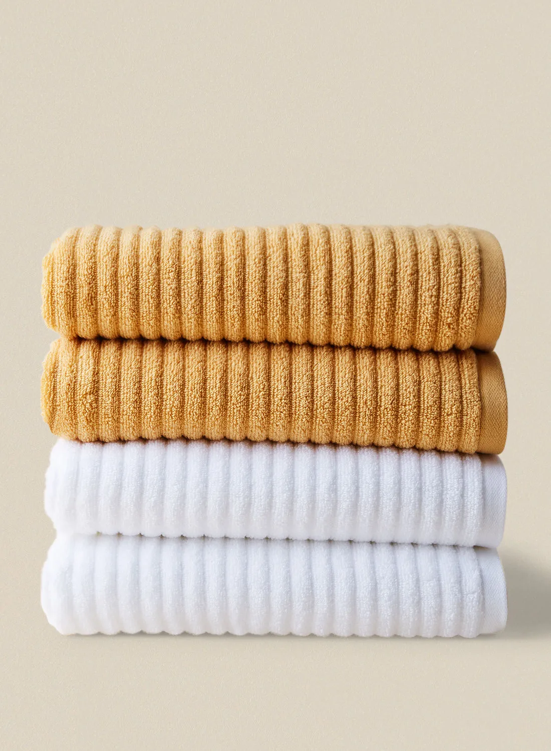 noon east 4 Piece Bathroom Towel Set - 450 GSM 100% Cotton Ribbed - 4 Bath Towel - Multicolor Gold/White Color - Highly Absorbent - Fast Dry