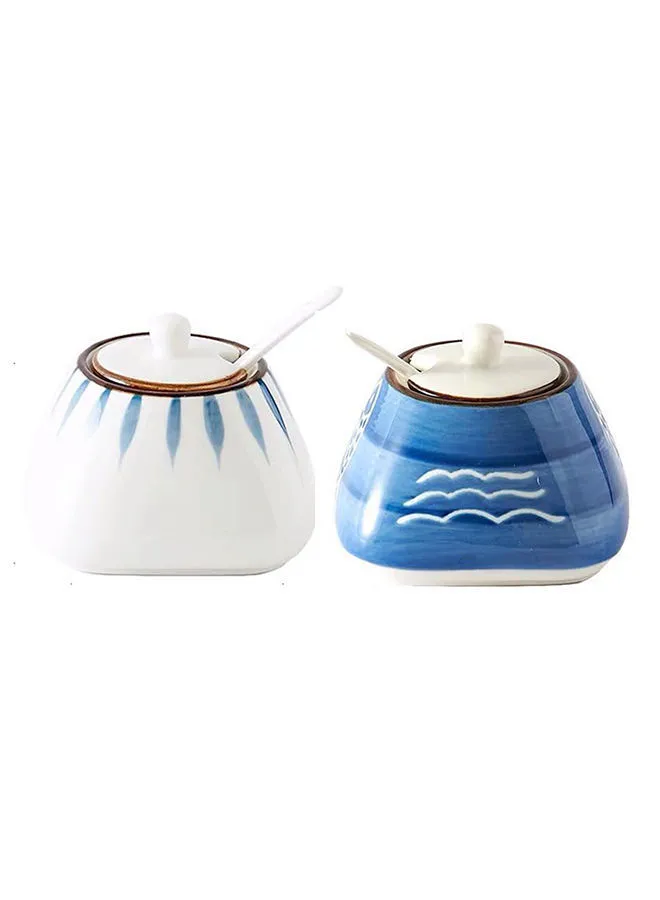Amal 2 Piece Ceramic Spice Jar Set - With Spoons And Lids - Seasoning Set - Spices Set - Spices Organizer - Blue/White