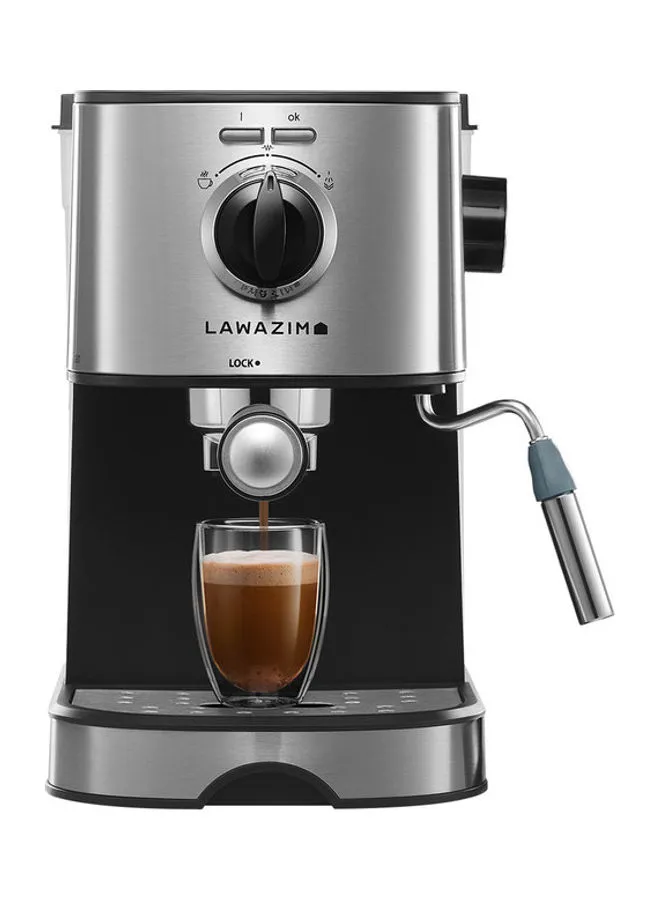 ماكينة قهوة LAWAZIM الاحترافية - ماكينة قهوة الإسبريسو واللاتيه مع جهاز إزباد الحليب سعة 1 لتر 850 وات 05-2410-02 فضي