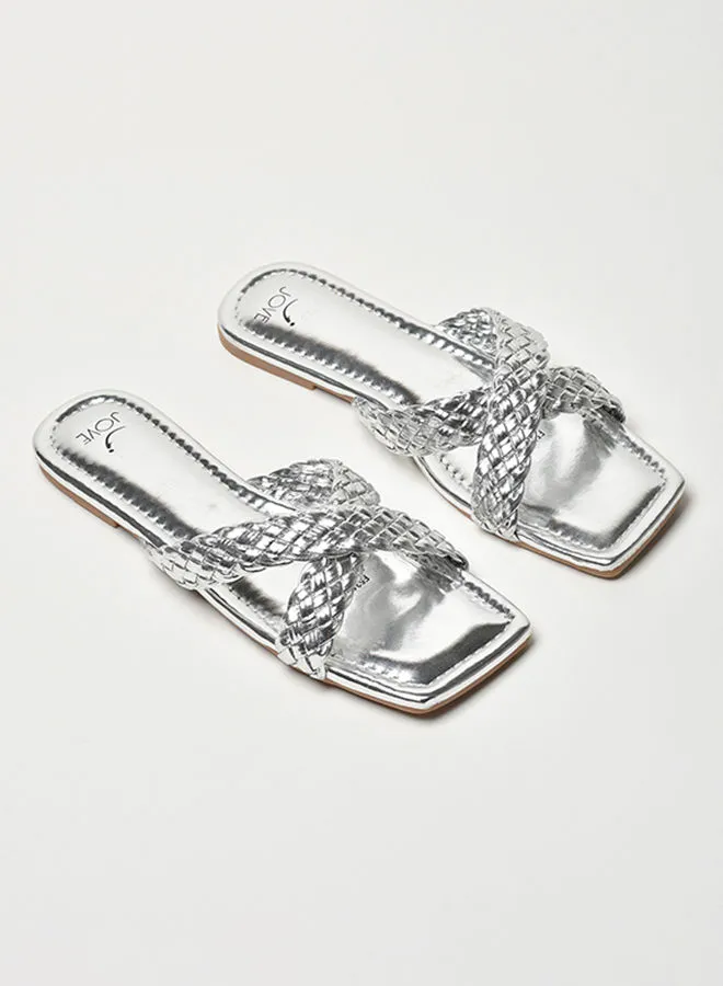 Jove Braided Criss-Cross Strap Square Toe Flat Sandals Silver