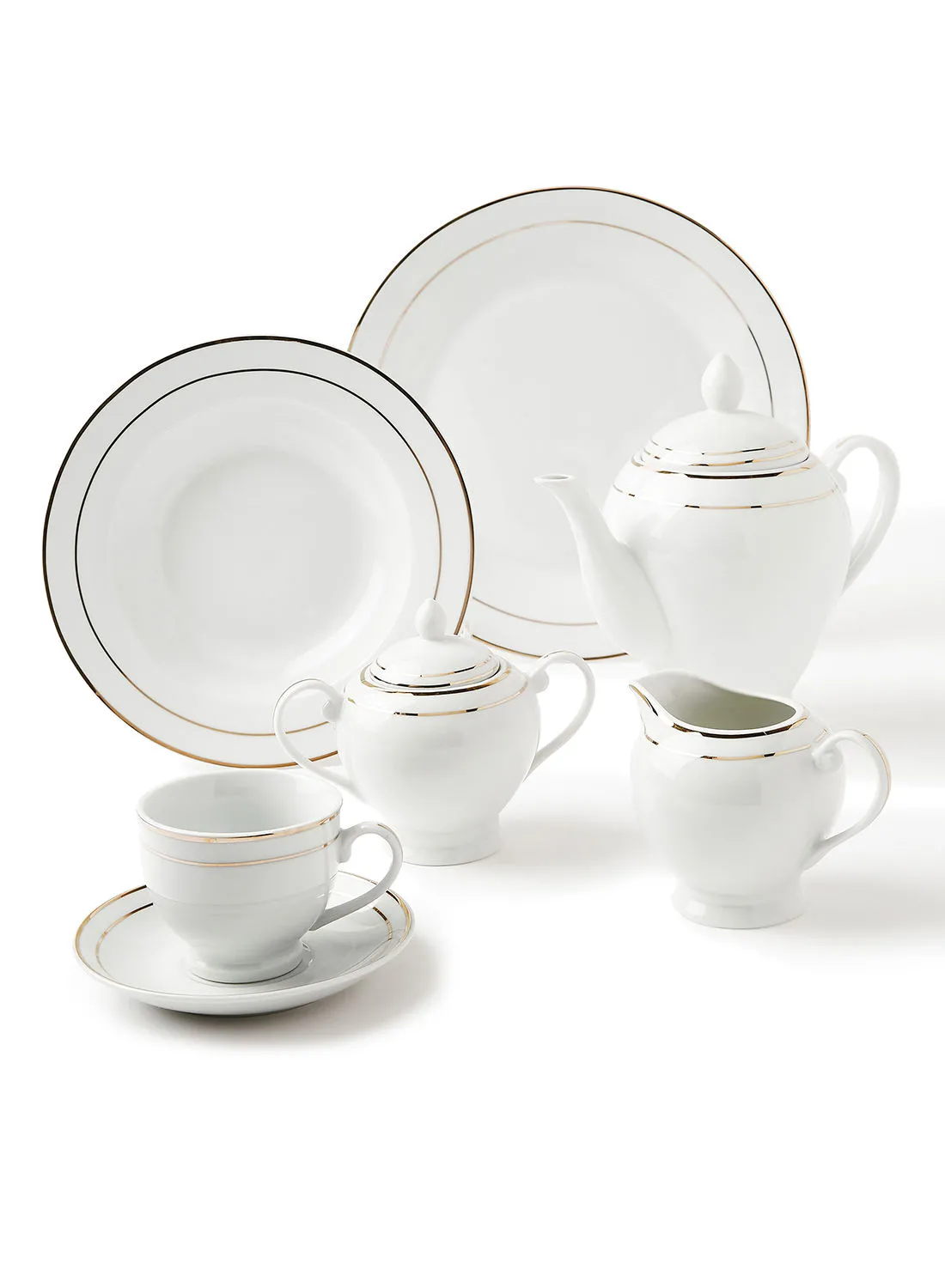 noon east 56 Piece Porcelain Dinner Set - Dishes, Plates - Dinner Plate, Side Plate, Bowl, Cups, Serving Dish And Bowl - Serves 6 - Festive Design White/Gold Line