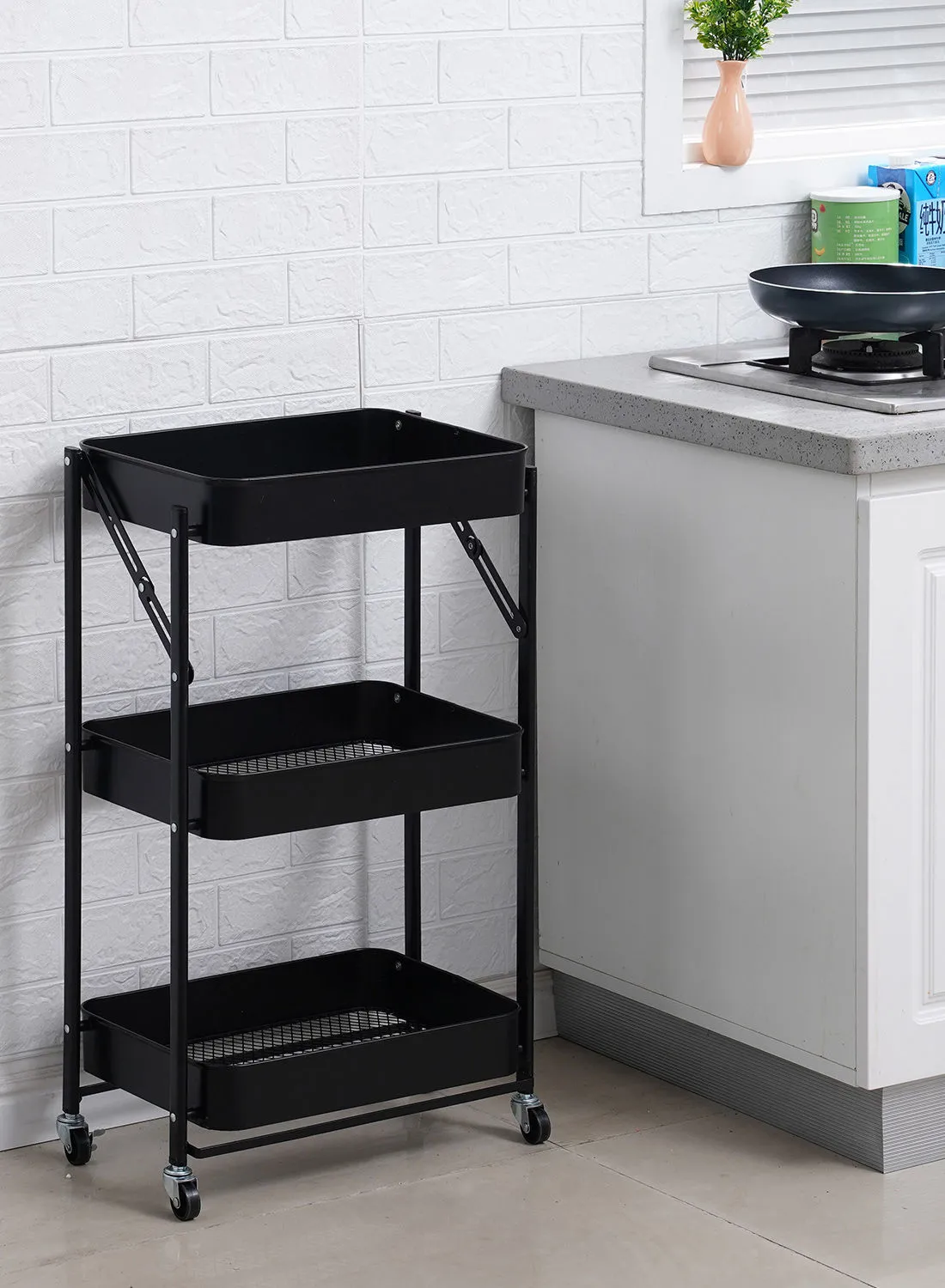 Amal Multipurpose 3 Tier Easy Foldable Trolley For Home, Convenient Storage for your Kitchen And Bathroom MT1012BK Black 97x48x5x8cm