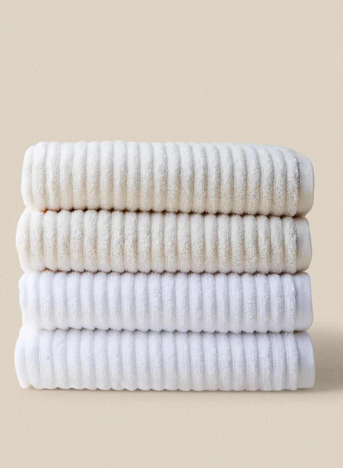 noon east 4 Piece Bathroom Towel Set - 450 GSM 100% Cotton Ribbed - 4 Bath Towel - Multicolor Natural/White Color - Highly Absorbent - Fast Dry