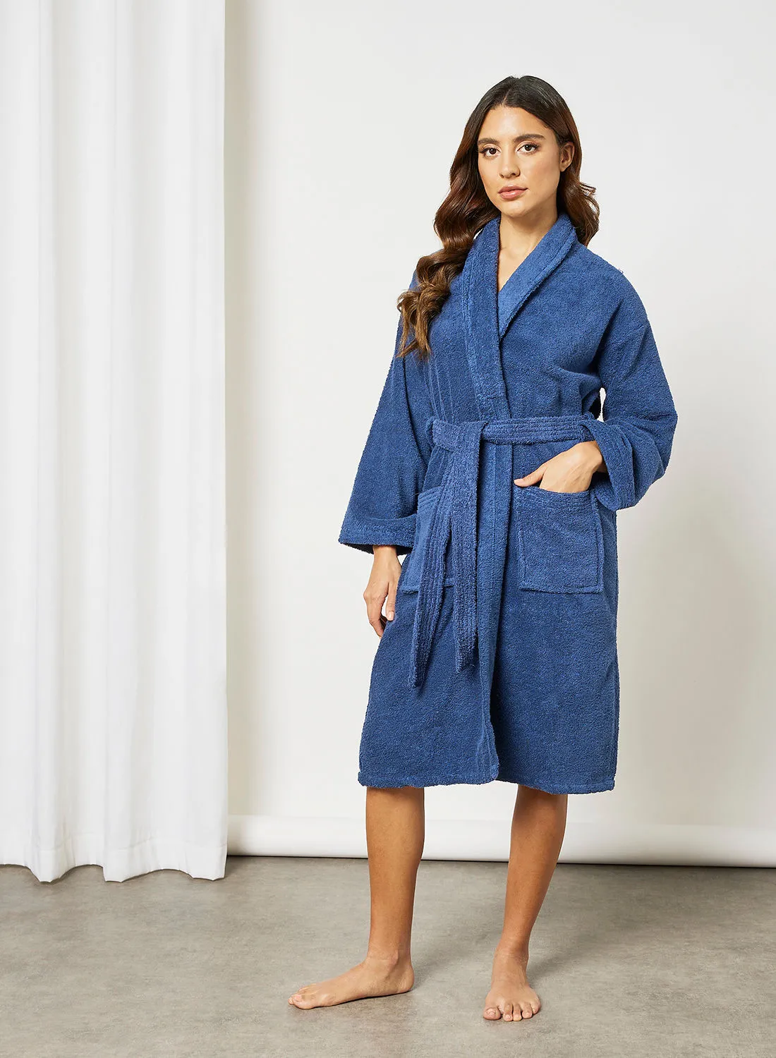 noon east Bathrobe - 400 GSM 100% Cotton Terry Silky Soft Spa Quality Comfort - Shawl Collar & Pocket - Navy Color - 1 Piece