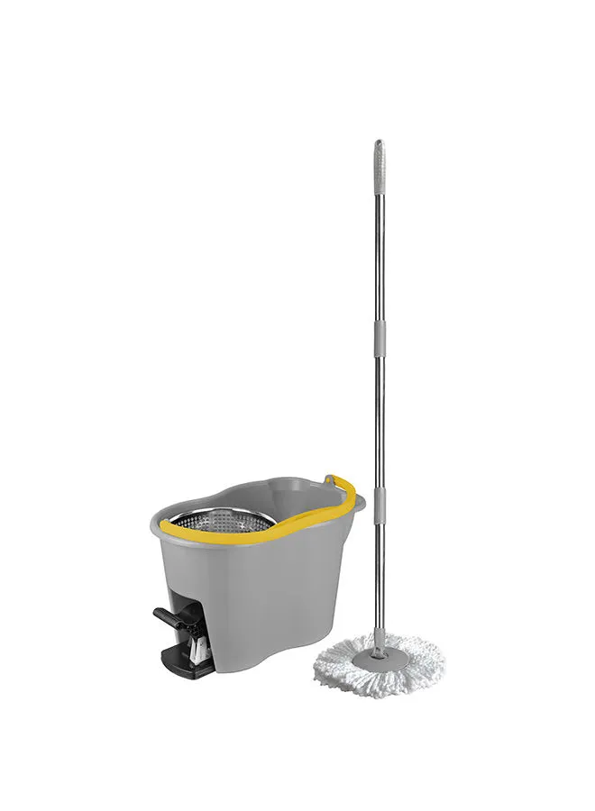 APEX Foot Pedal Spin Mop With Bucket Stainless Steel Wringer And Microfibrer Mop Yellow/Grey 44x31x30cm
