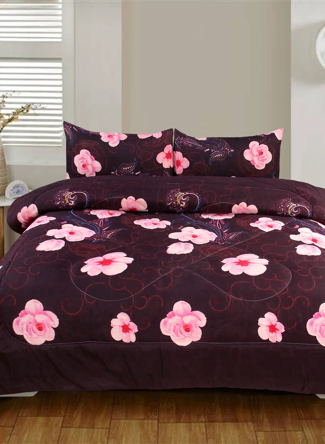 Hometown 3-Piece Floral Comforter Set 220 GSM 160x210 : 2xPillow Cases 50x70cm Polyester Browniee Single