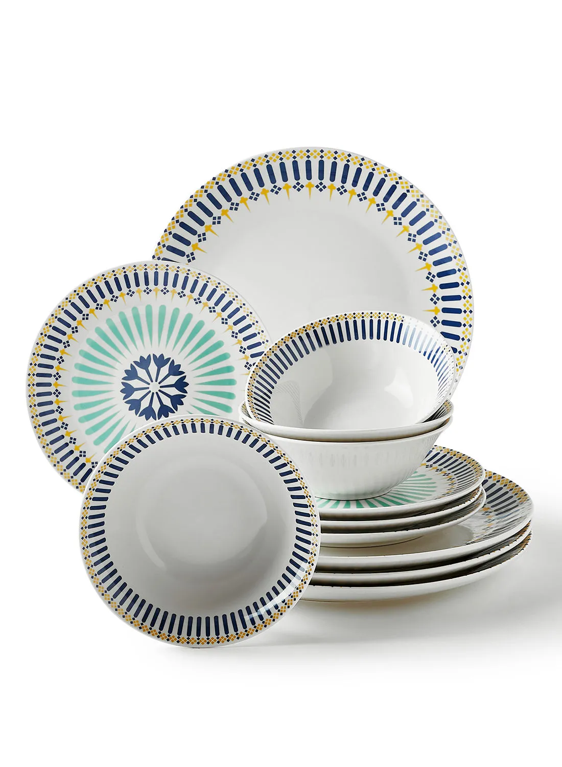noon east 12 Piece Porcelain Dinner Set - Dishes, Plates - Dinner Plate, Side Plate, Bowl - Serves 4 - Printed Design Casablanca