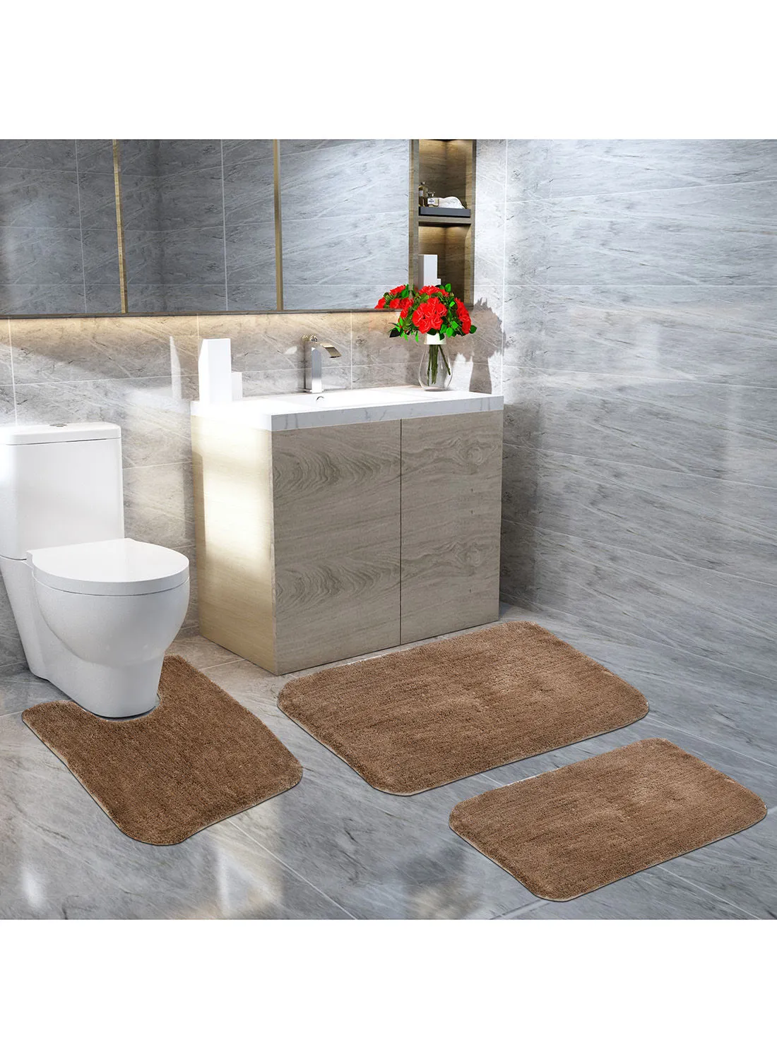 Xtromac Bath Mat Xtromac - 60X90 Cm - 100% Polyester - Brown Color - Bathroom Mat Economical 3 Piece