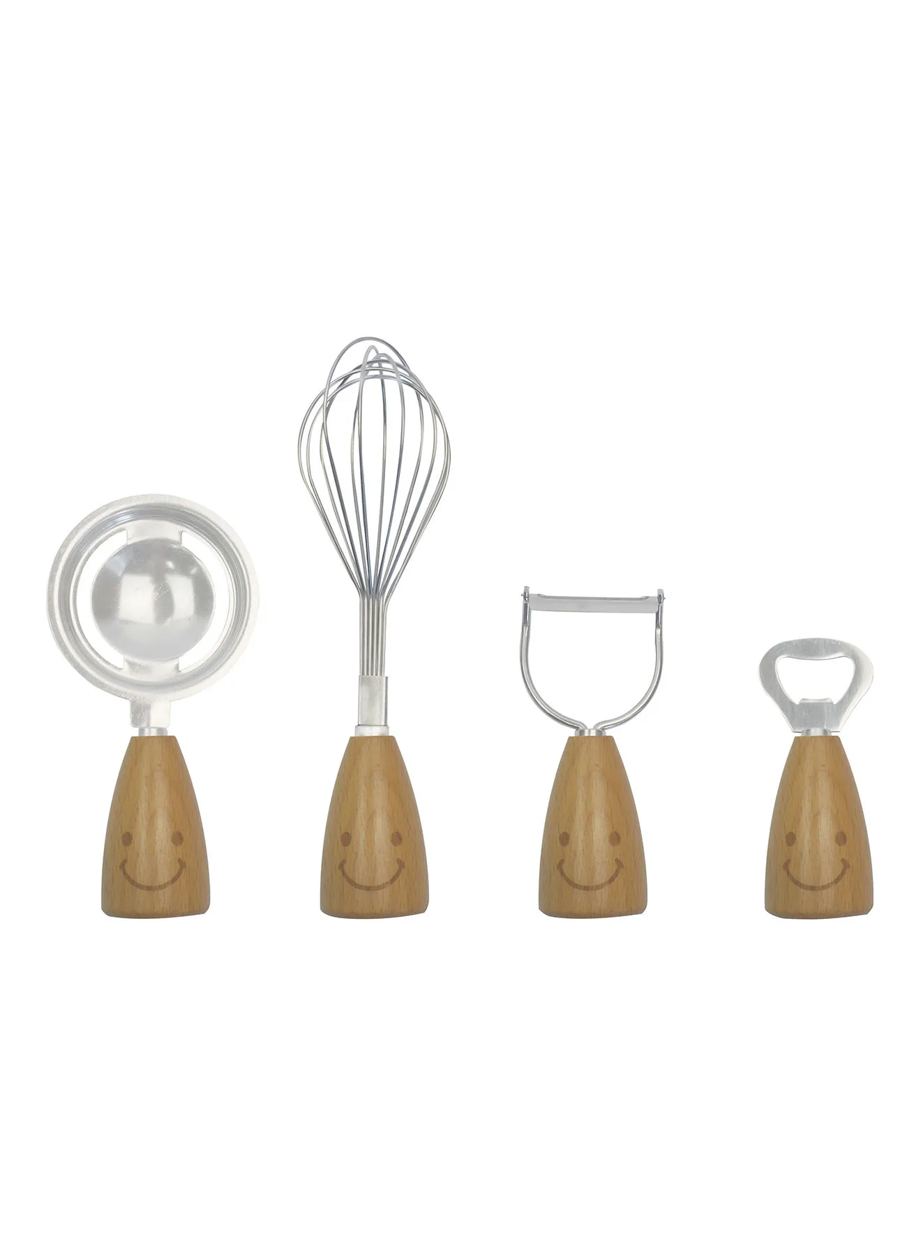Amal 4 Piece Kitchen Accessories - Made Of Stainless Steel - Stylish Kitchen Tools - With Wooden Handles - Utensils Set - Egg Whisk, Peeler, Opener, Egg Whisk - Brown