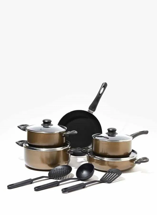 Amal 12-Piece 12 Piece Cookware Set - Aluminum Pots And Pans - Non-Stick Surface - Tempered Glass Lids - PFOA Free - Frying Pan, Casserole With Lid, Saucepan With Lid, Kitchen Tools - Bronze